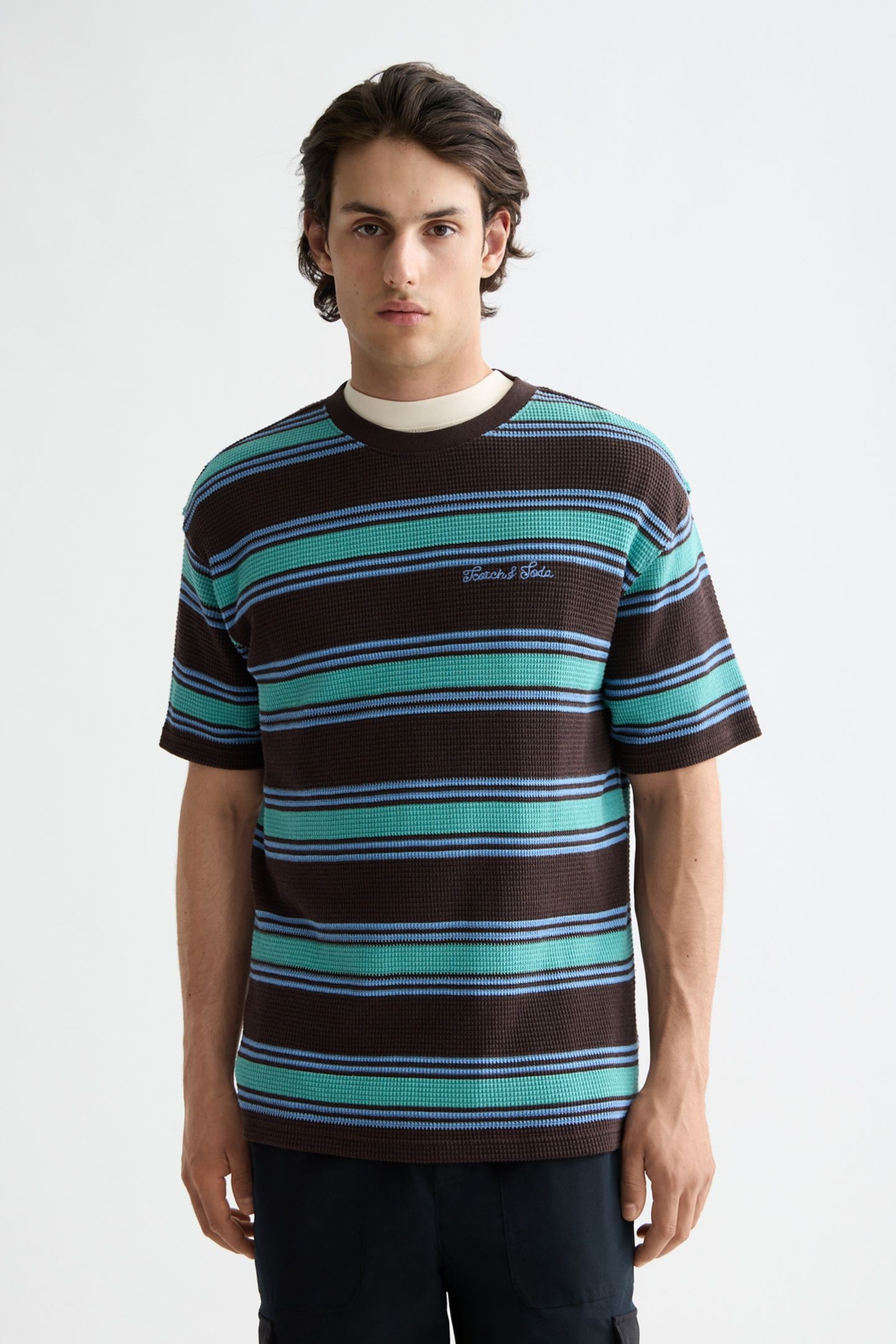 RELAXED FIT CHUNKY WAFFLE STRIPE T-SHIRT DARK BROWN MULTI ST 2