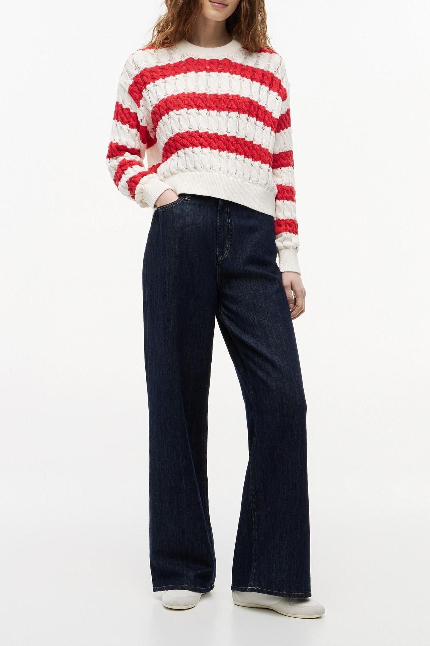 LOOSE CABLE SWEATER AMARYLLIS RED/STRIPE 1
