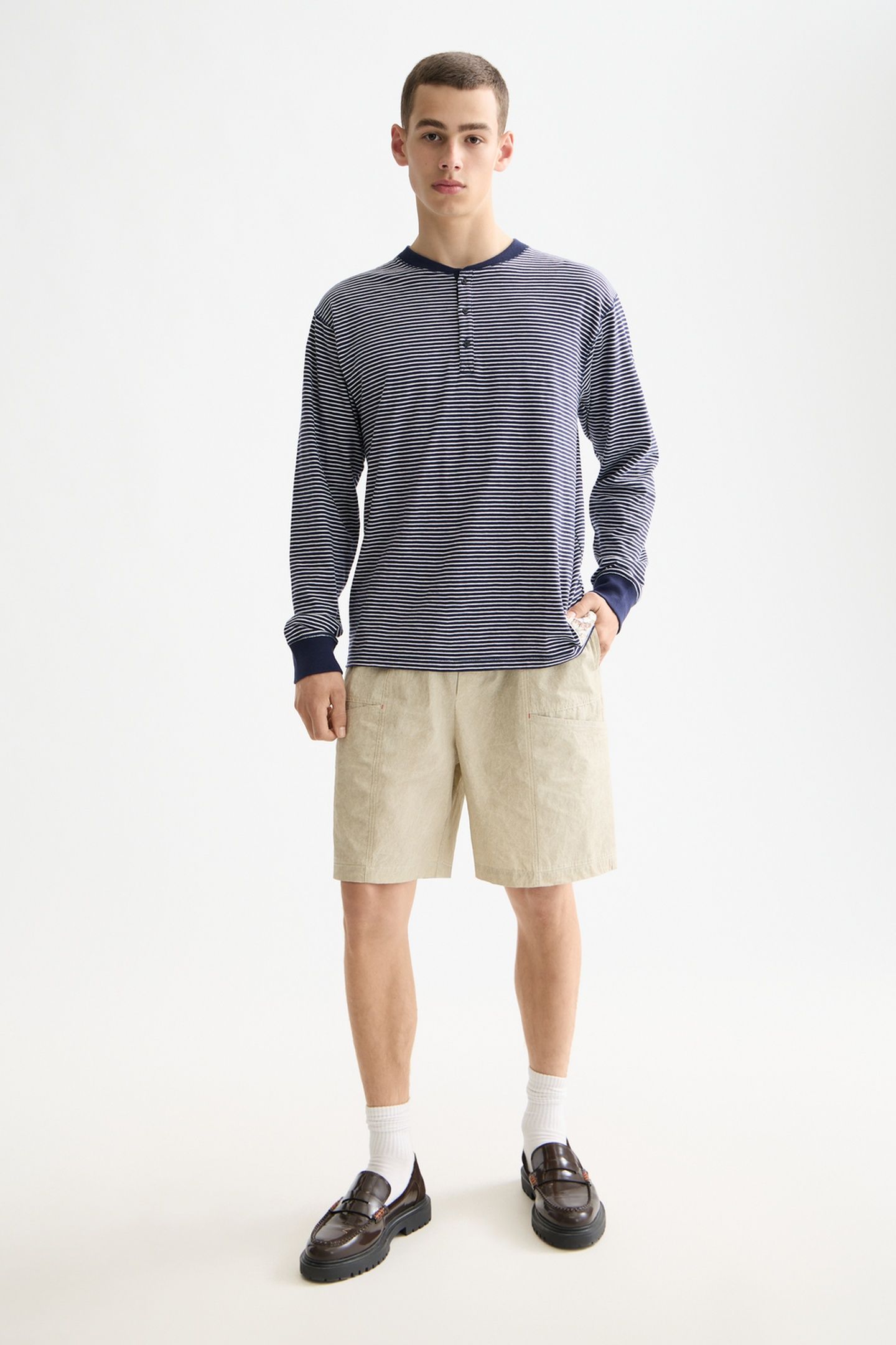 RELAXED FIT STRIPED HENLEY NAVY/WHITE STRIPE 1