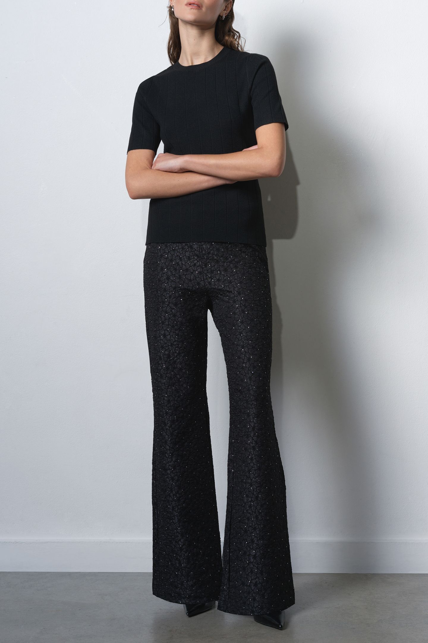 YELENA JACQUARD FLARED TROUSER BLACK 1