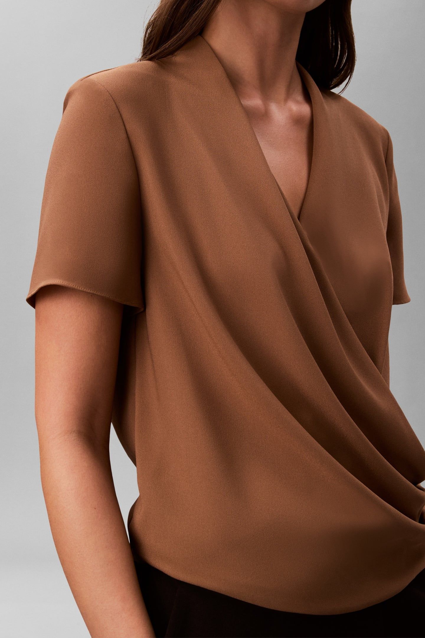 CREPE SHORT SLEEVE DRAPED WRAP TOP EXECUTIVE BROWN 5