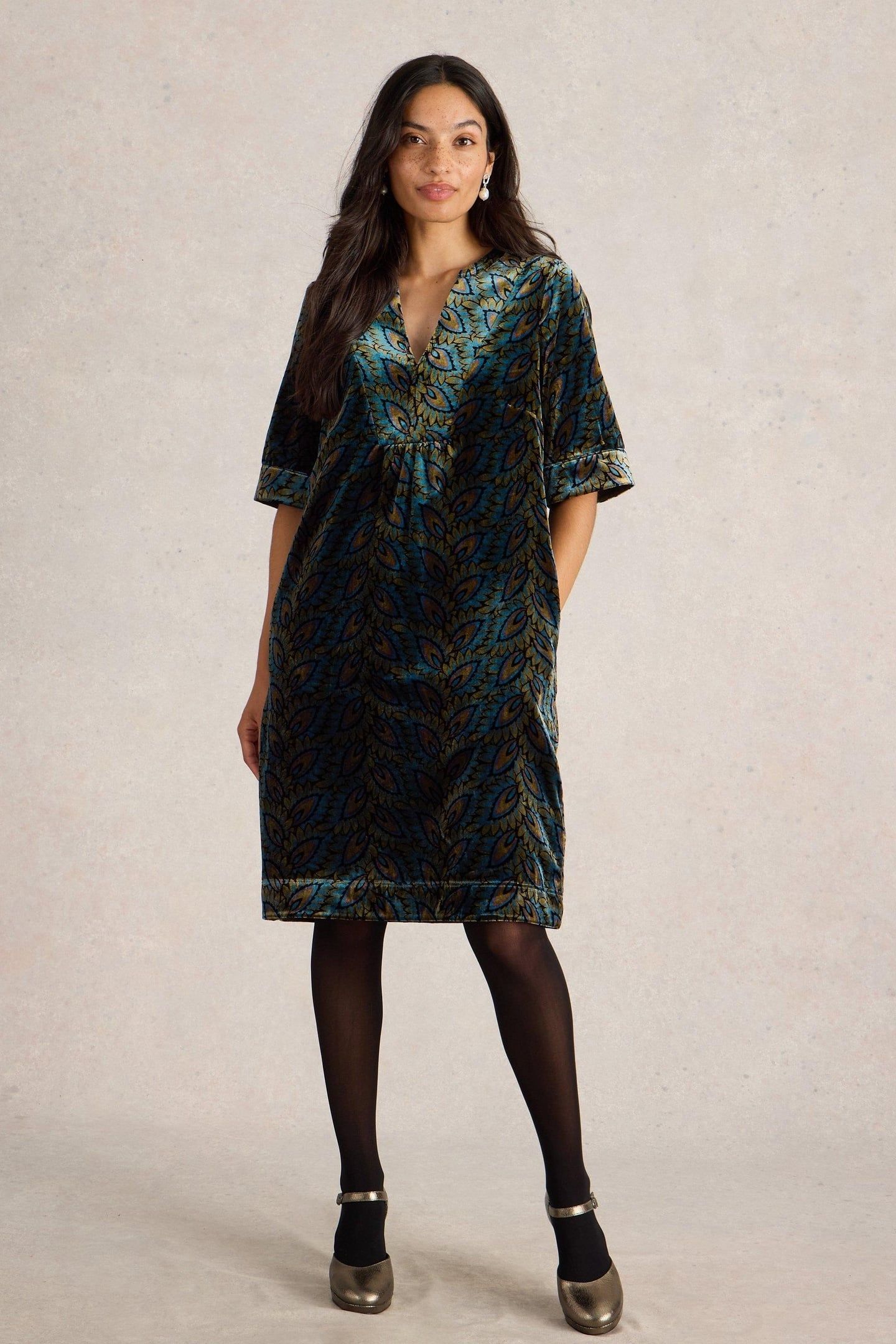 ASH VELVET MIX DRESS TEAL PRINT 1