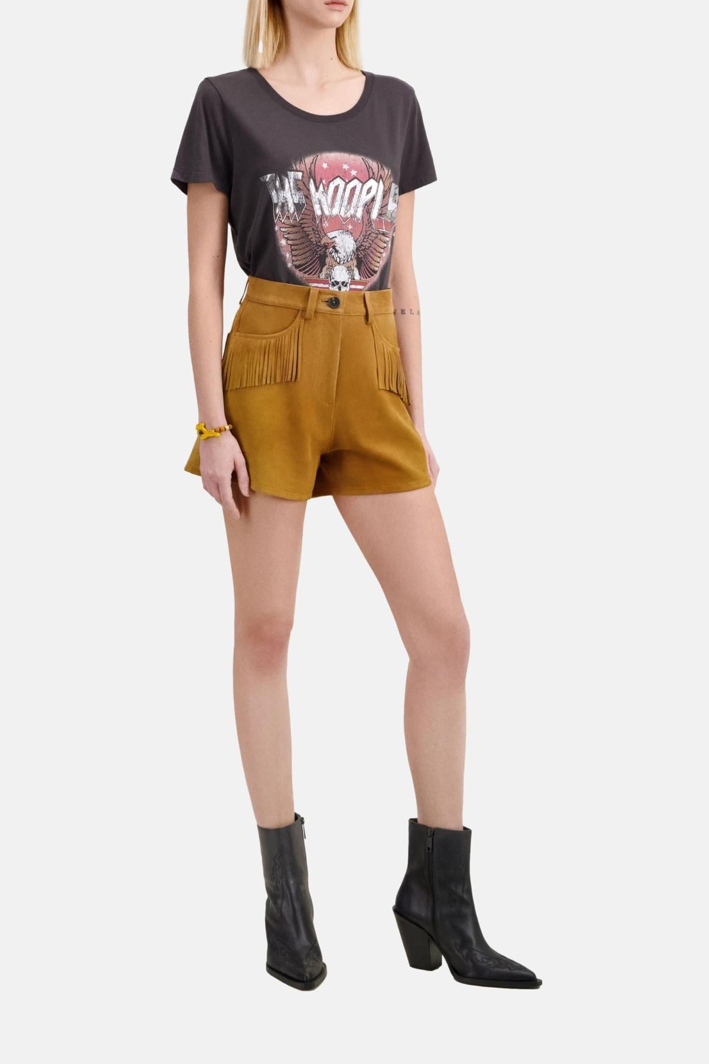 SUEDE LEATHER SHORTS WITH FRINGES CAMEL 1
