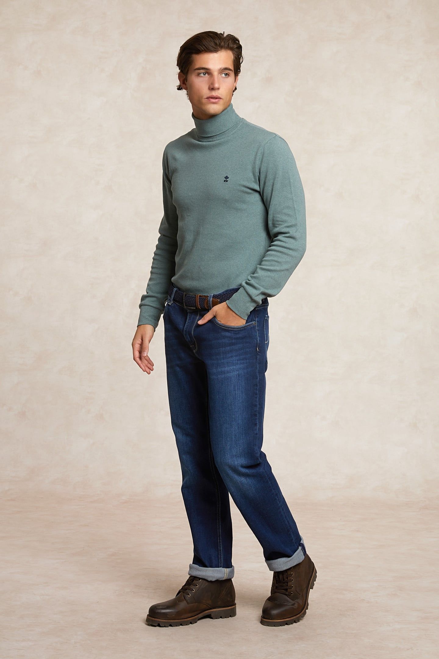 BASIC COTTON ROLL NECK T-SHIRT LONG SLEEVES JADE GREEN MIX 1