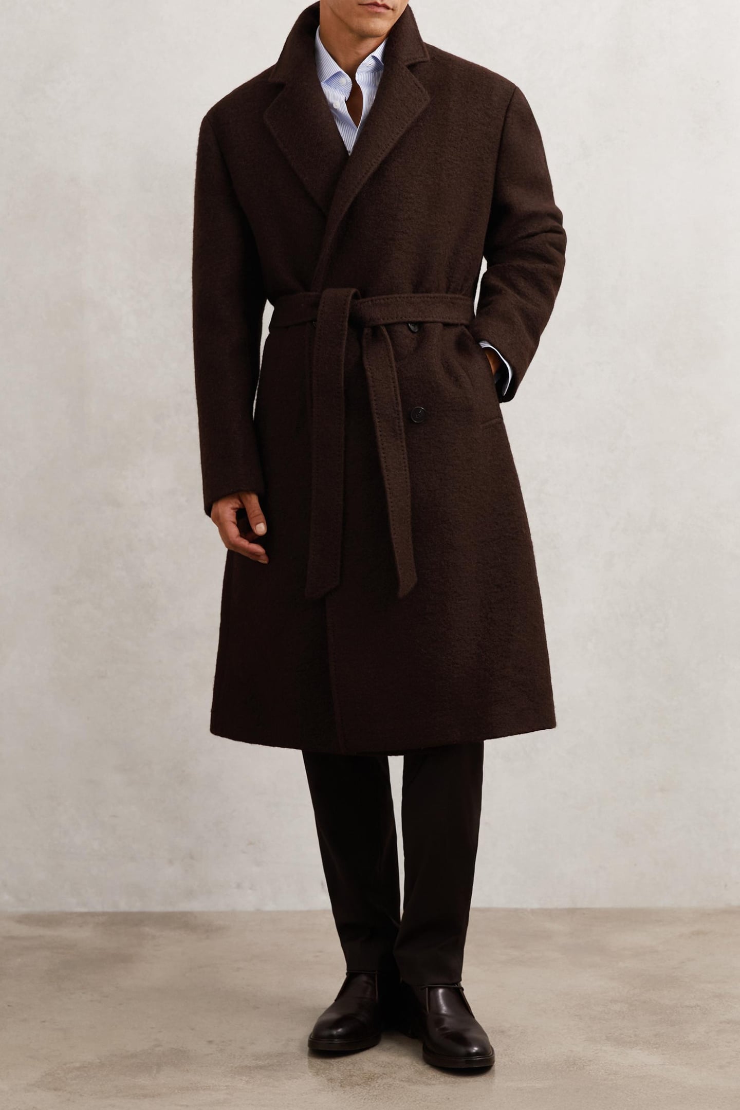 LS BOUCLE DB BELTED OVERCOAT CHOCOLATE BROWN 1