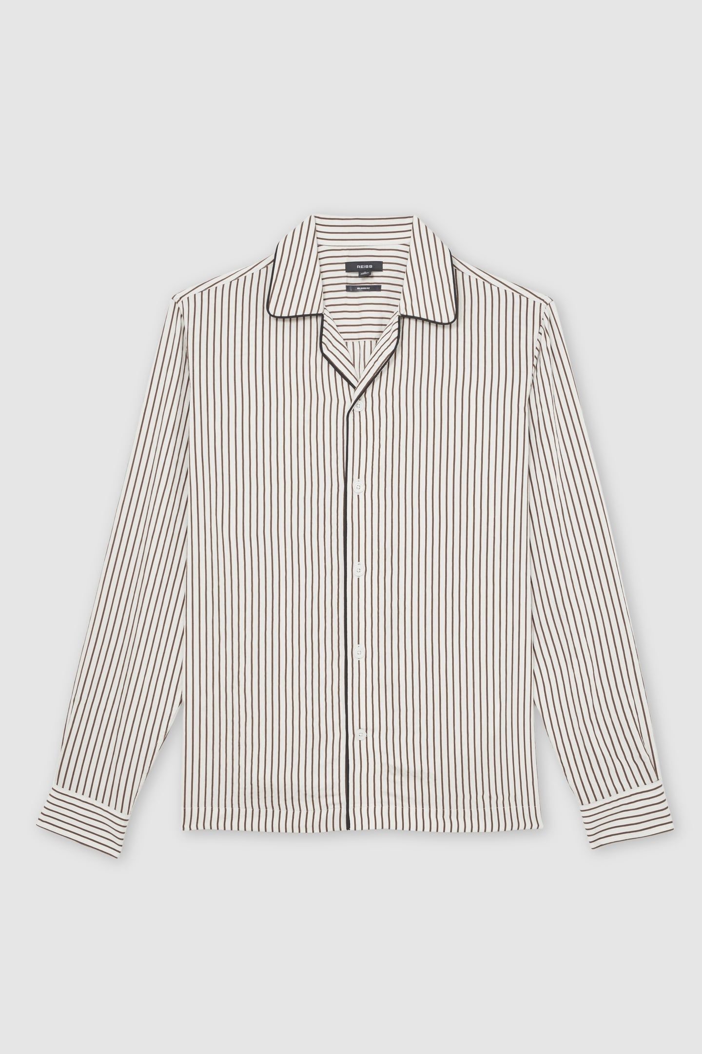 LS PINSTRIPE PIPED CUBAN SHIRT WHITE/BROWN 4