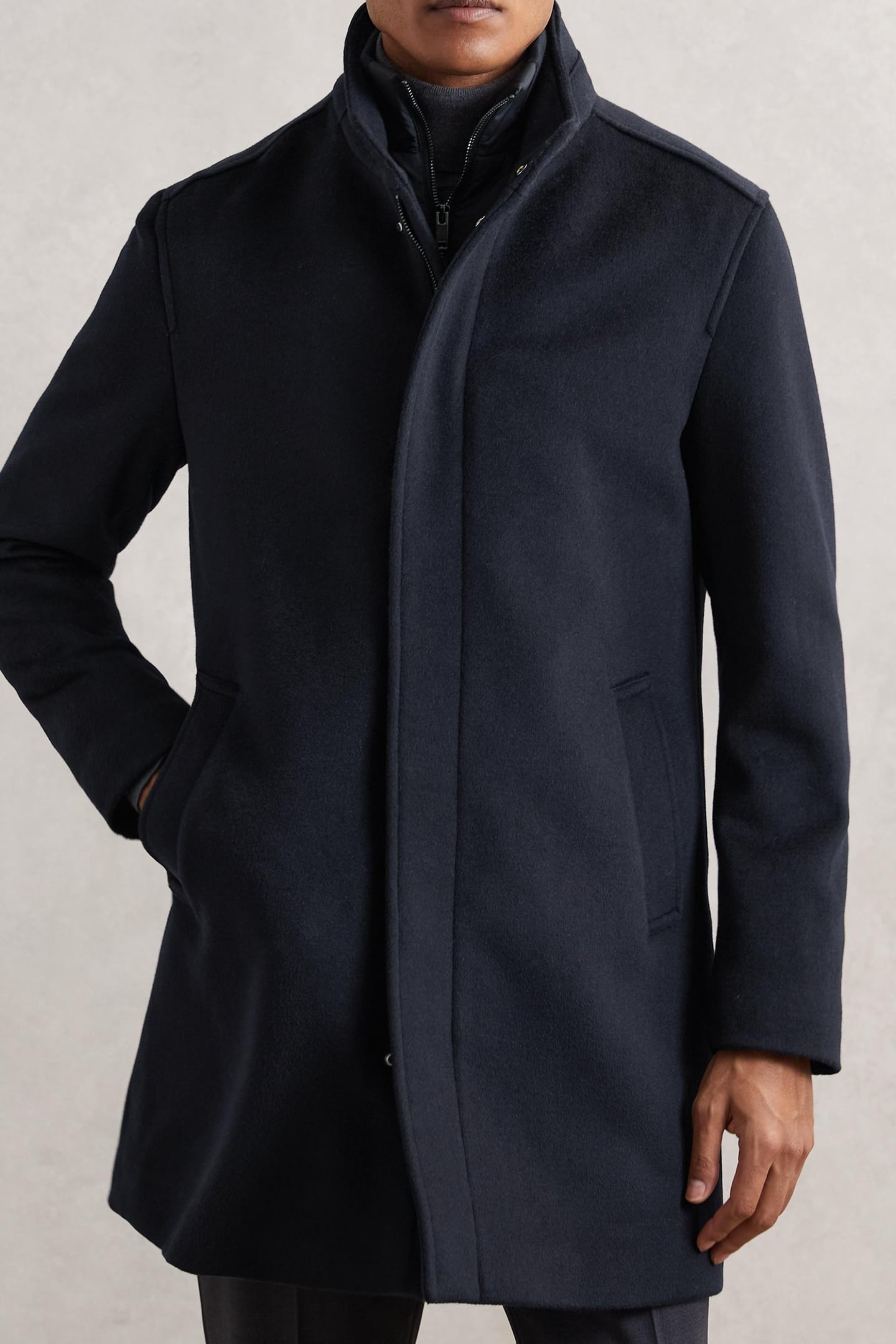 WOOL GILET INSERT FUNNEL NECK COAT NAVY 1