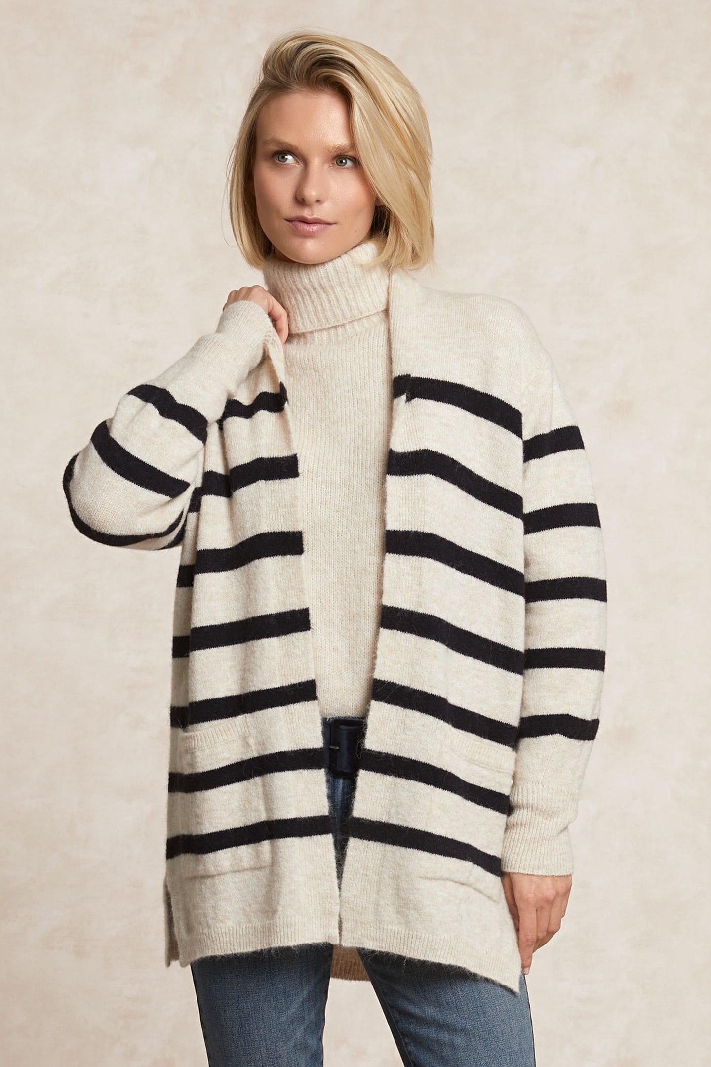 LONG STRIPED V-NECK JERSEY CARDIGAN APPLIED POCKETS OFF WHIT 1