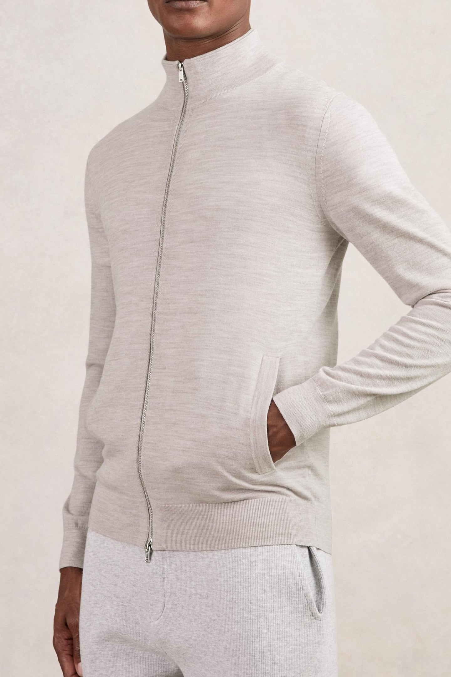 LS MERINO ZIP THROUGH FUNNEL WICKER BROWN MELANGE 1