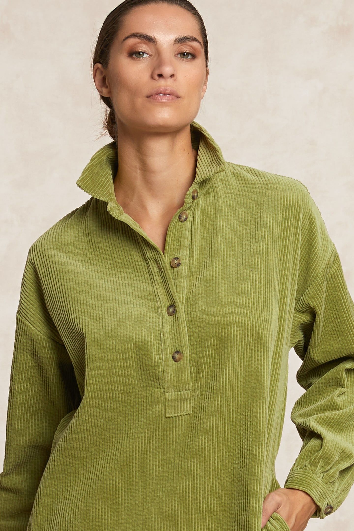 BELTED CORDUROY DRESS WITH BUTTONS OLIVE GREEN 3