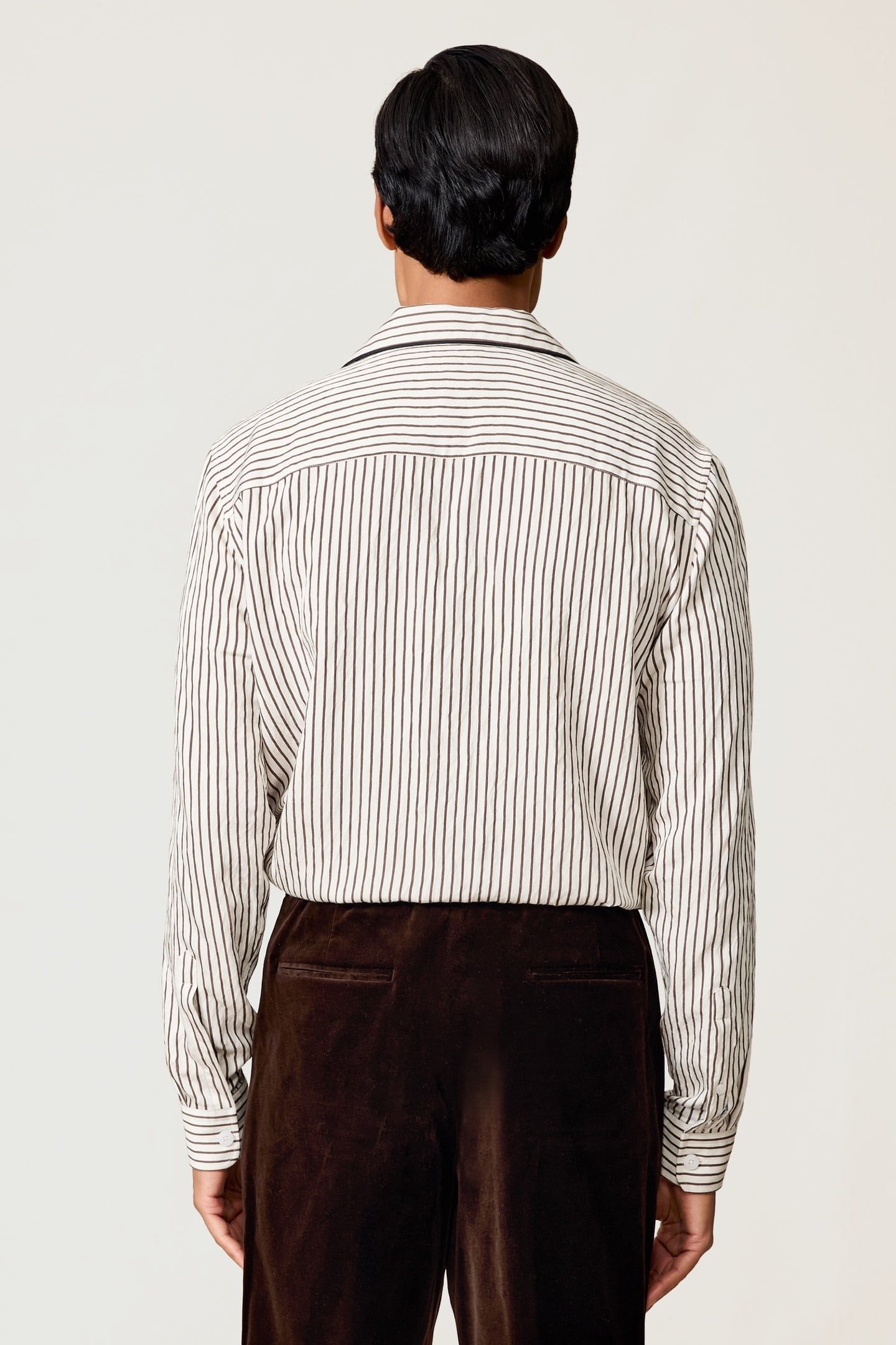 LS PINSTRIPE PIPED CUBAN SHIRT WHITE/BROWN 2