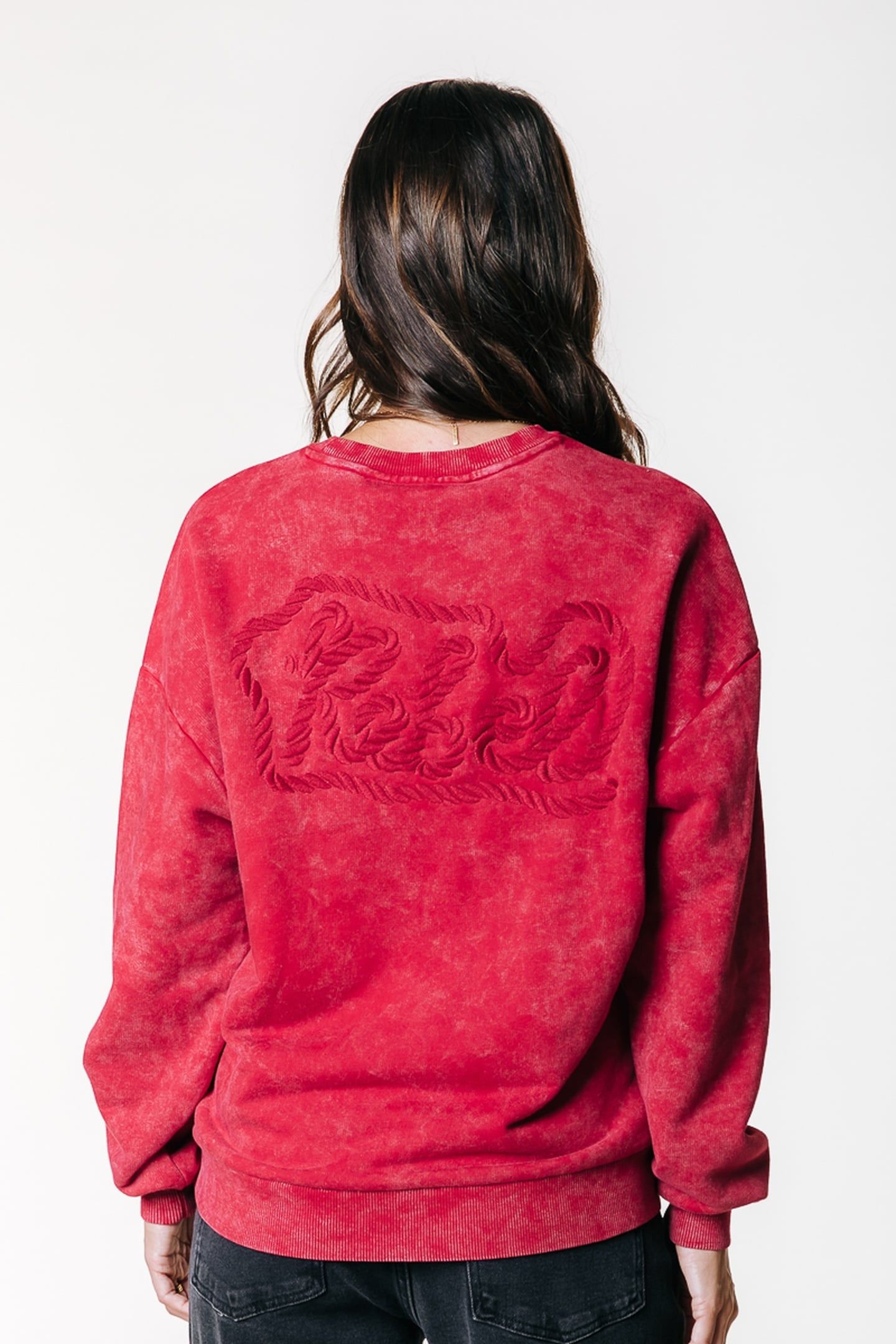 REBEL BRAID ACID WASH DROPPED SHOULDER SWEAT MEDIUM RED 3