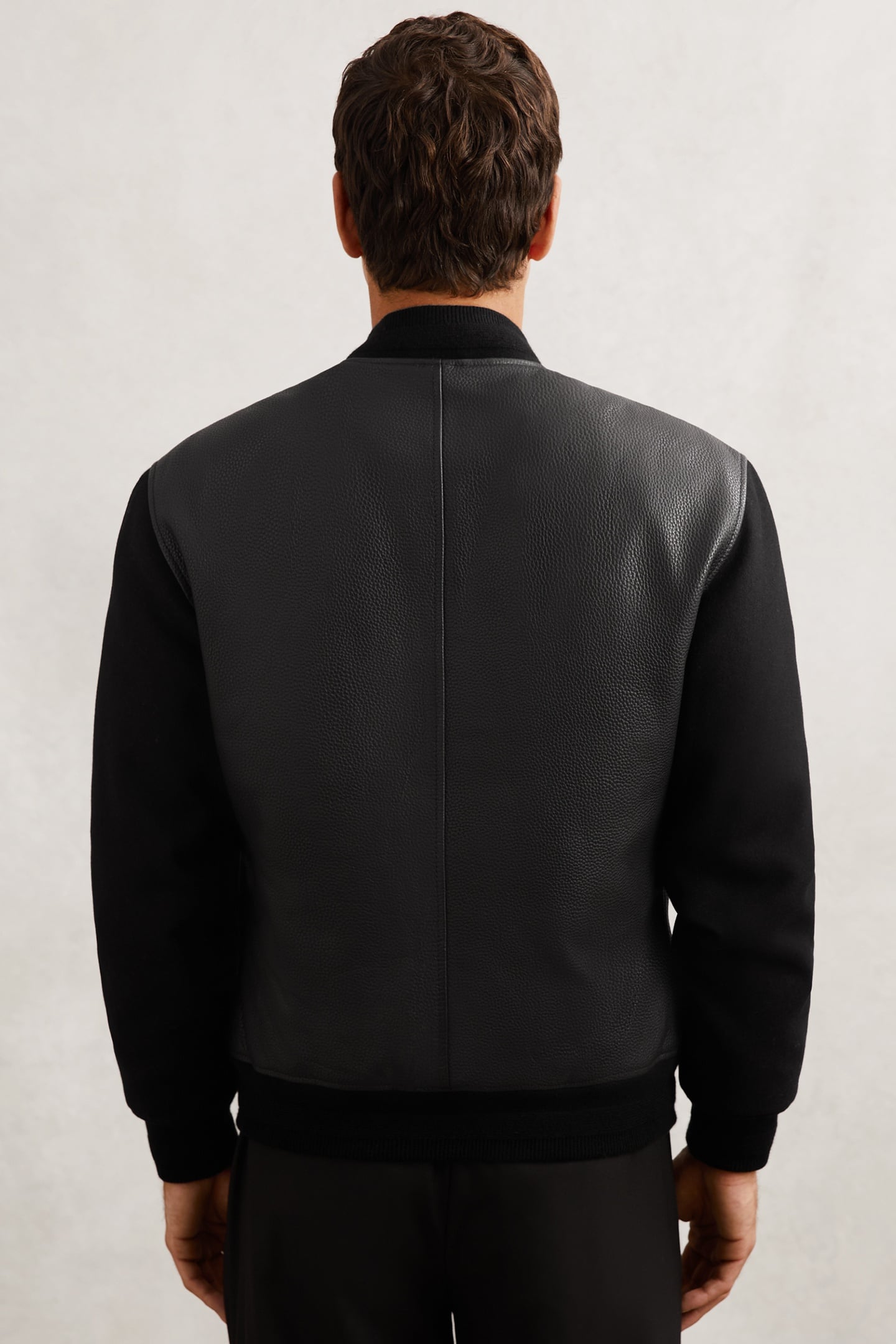 LS LEATHER WOOL SLEEVE BOMBER JACKET BLACK 2