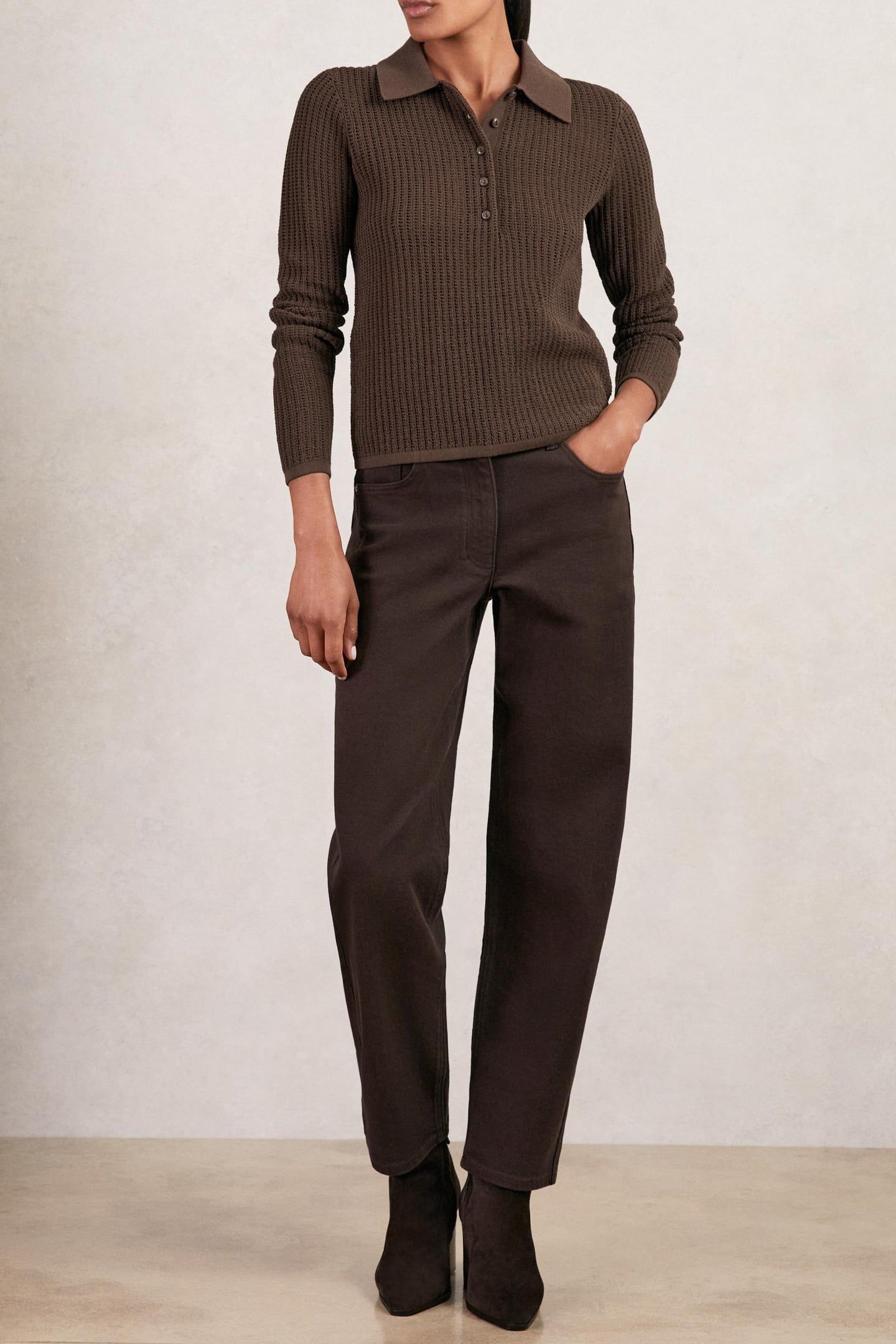 LONG SLEEVE STITCH POLO CHOCOLATE BROWN 1