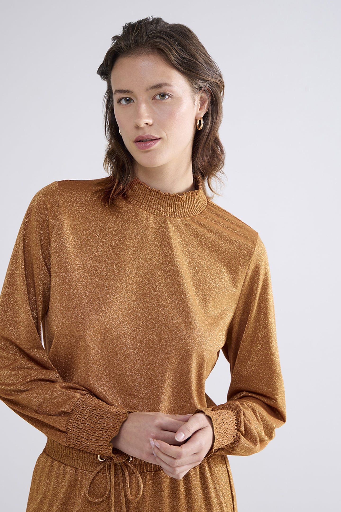 SMOCKED TOP FINE LUREX JERSEY CAMEL BROWN 1