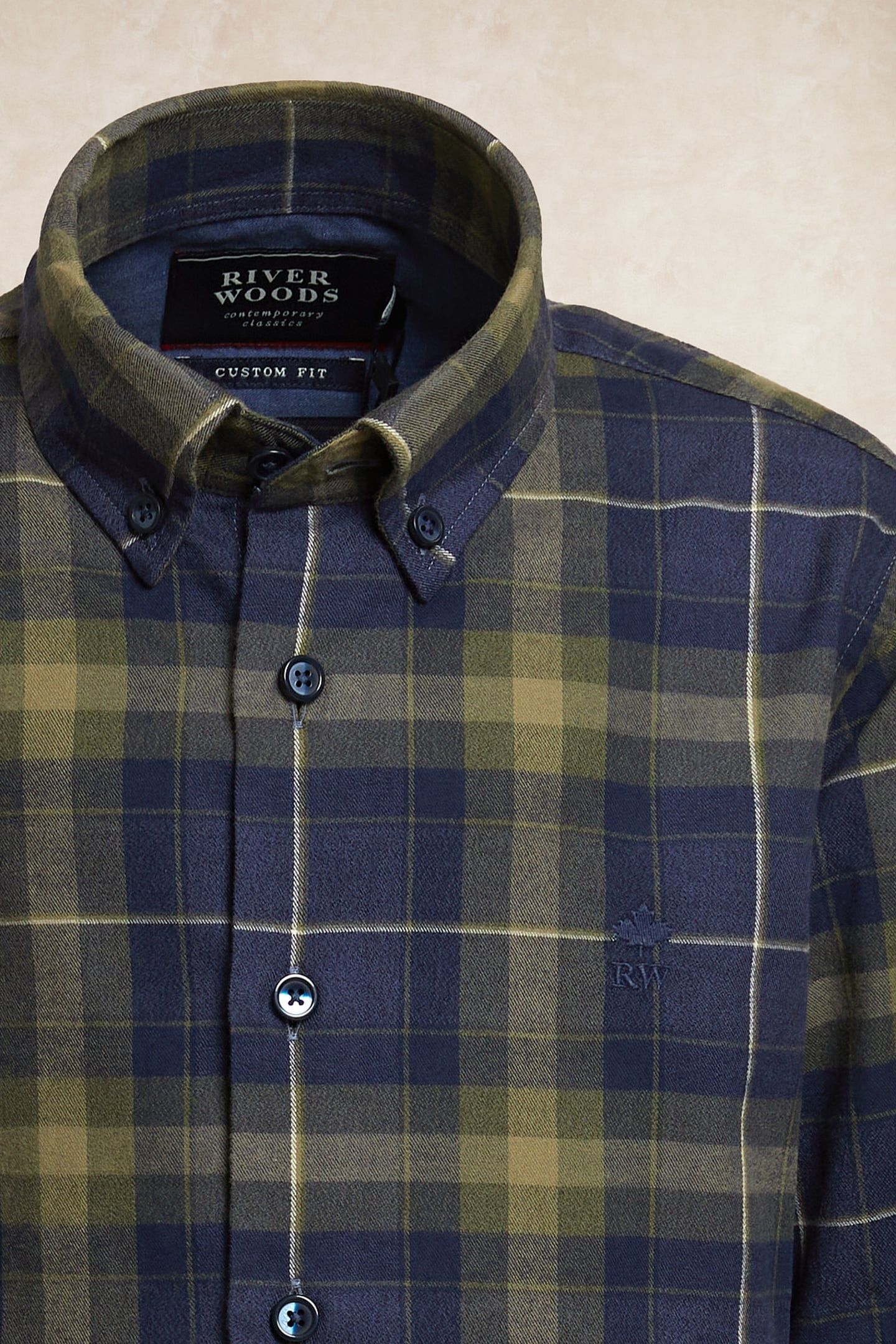 CUSTOM FIT FLANNEL CHECKED SHIRT KHAKI/BLUE 3