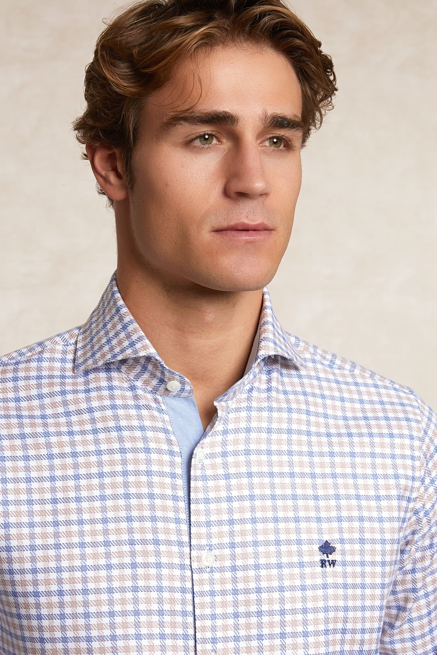 CUSTOM FIT COTTON CHECKED SHIRT BROWN/BLUE 4