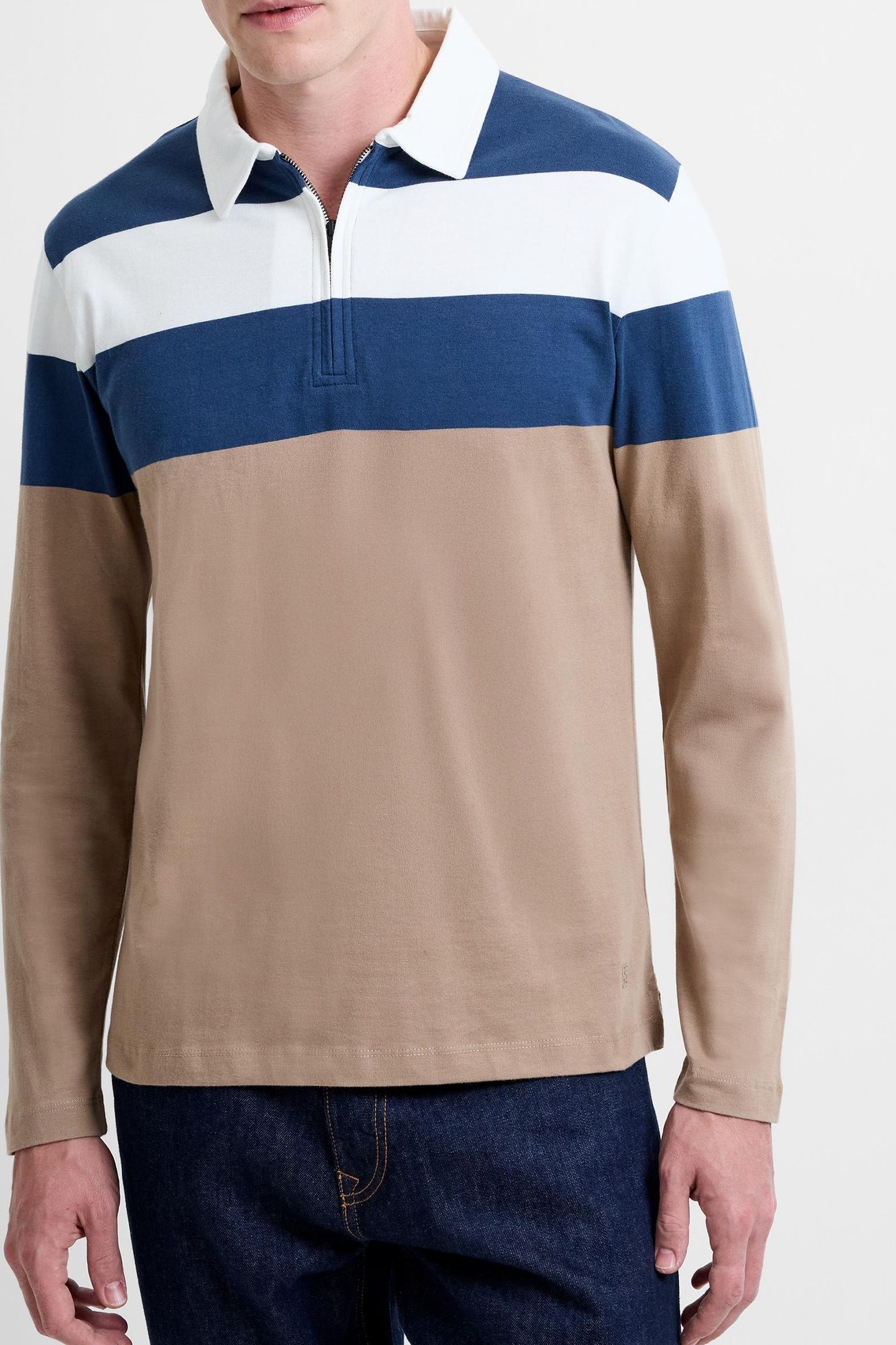 LS STRIPED ZIPPERED POLO ECRU/MIDNIGHT/MINK 1