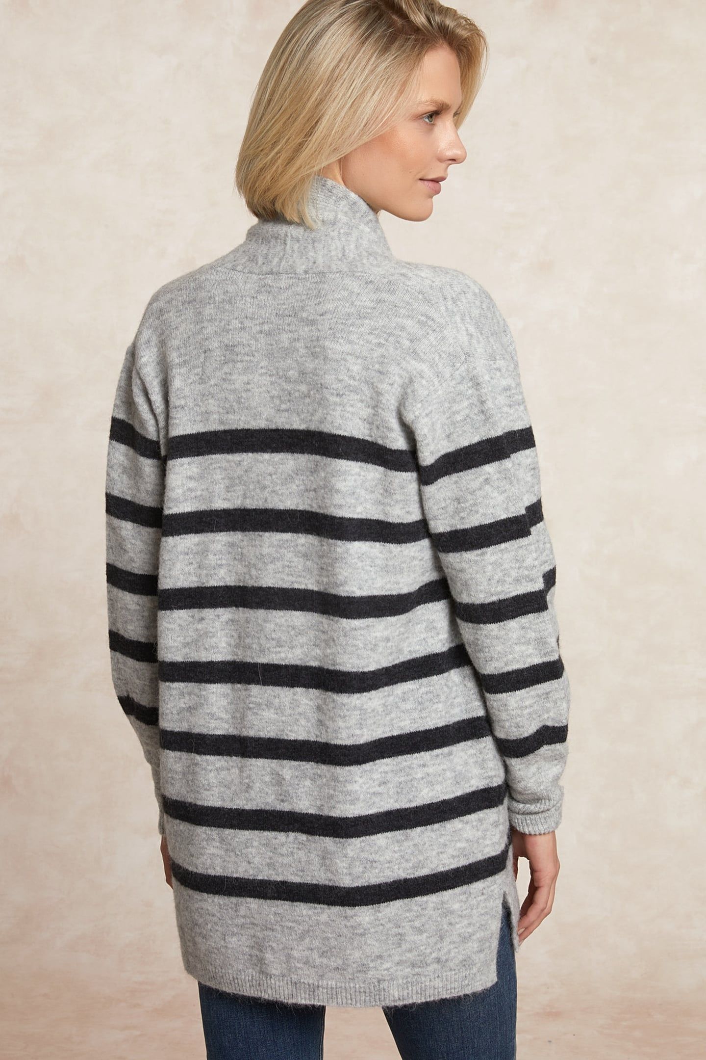 LONG STRIPED V-NECK JERSEY CARDIGAN APPLIED POCKETS BLACK/GR 2