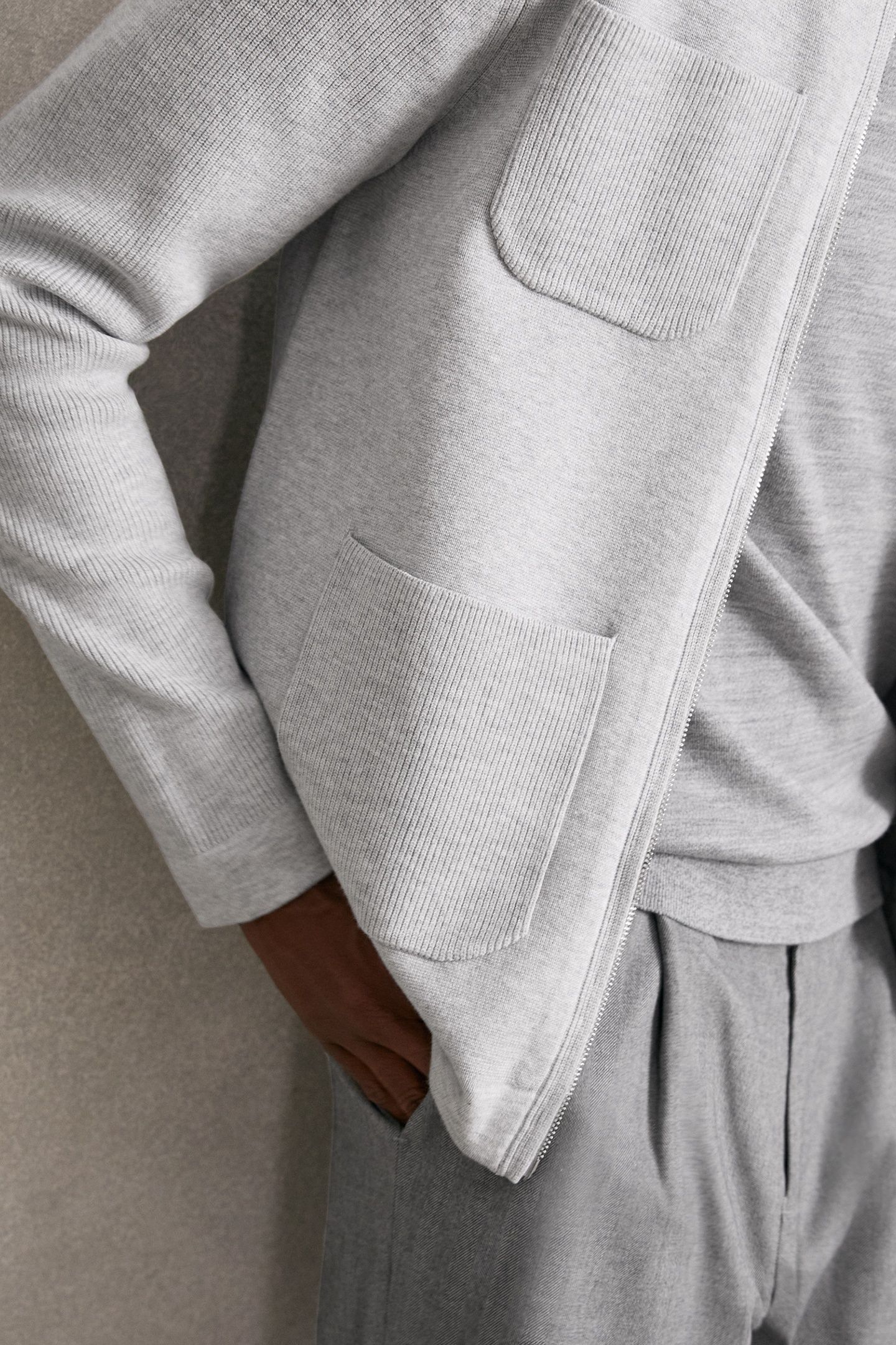 LS ZIP THROUGH RIBBED FOUR POCKET SHIRT SOFT GREY 7