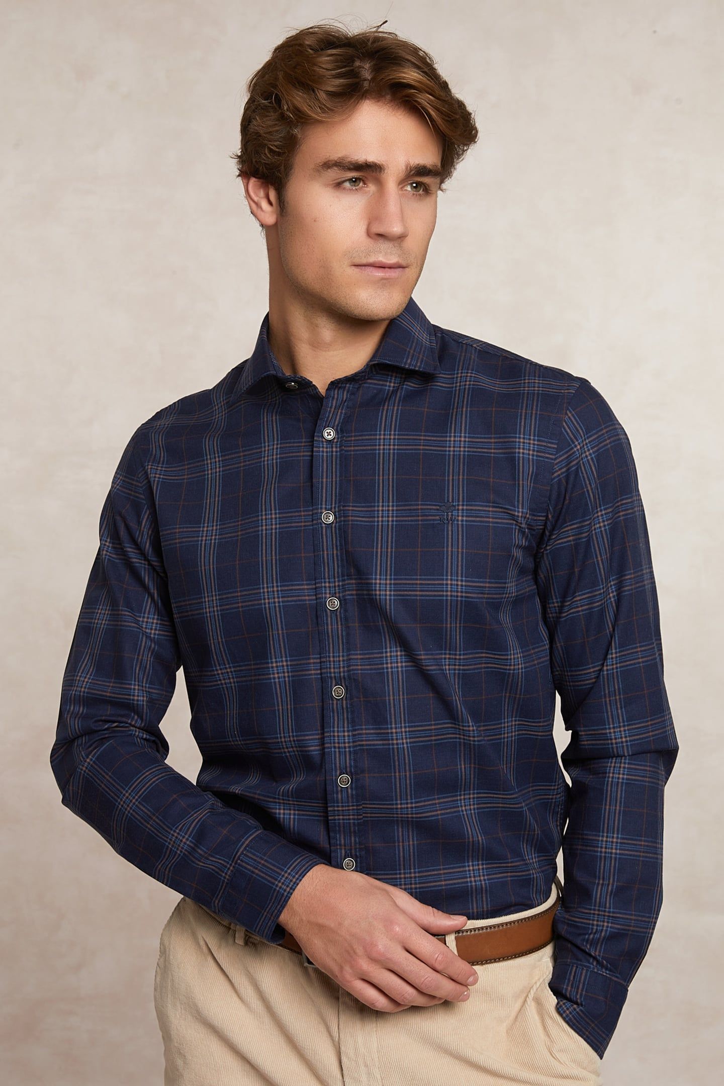 SLIM FIT COTTON CHECKED SHIRT BLUE/BROWN MULTI 3