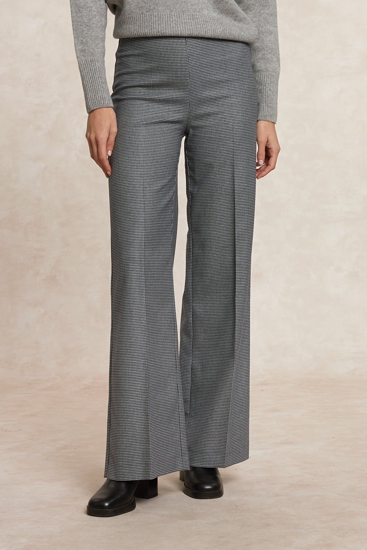 CLASSIC CHECKED WIDE LEG PANTS ELASTIC WAIST GREY BLUE 3