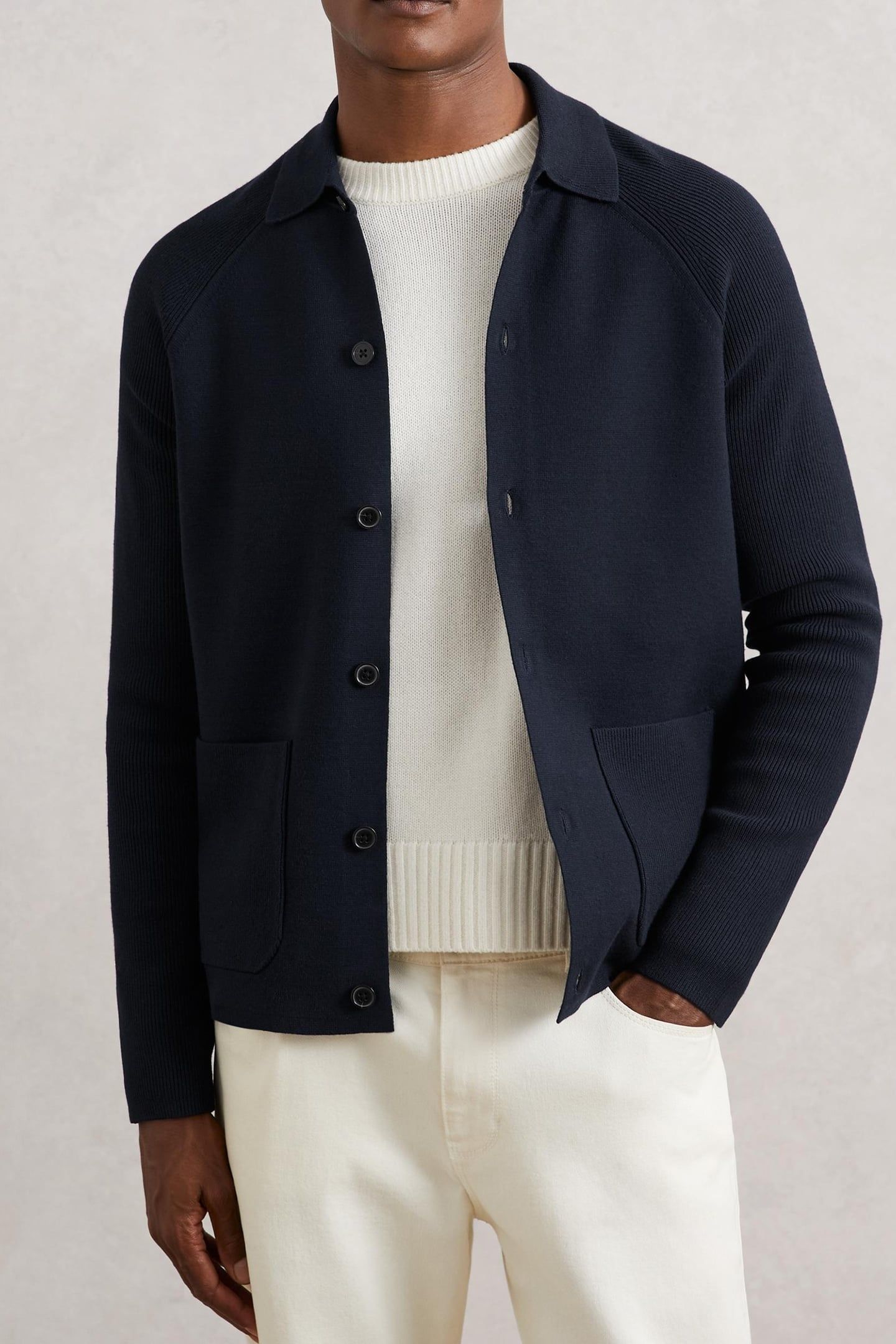 LS BUTTON THROUGH RIBBED SLEEVE SHIRT NAVY BLUE 1