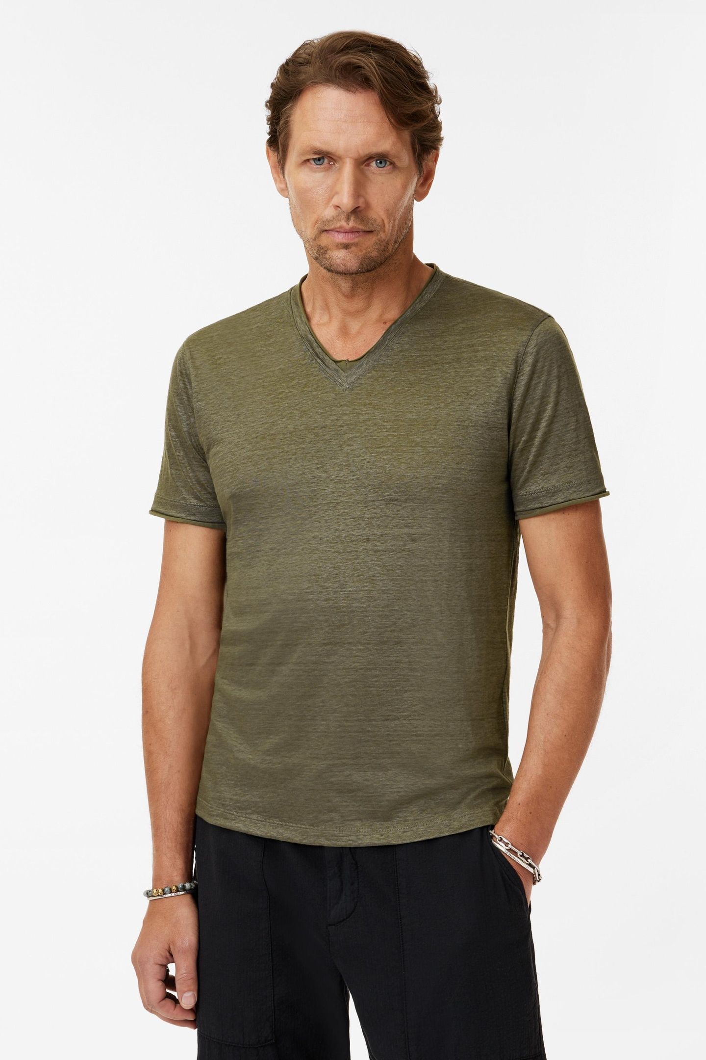 WOOSTER SLIM FIT SS LINENV-NECK MOSS GREEN 1