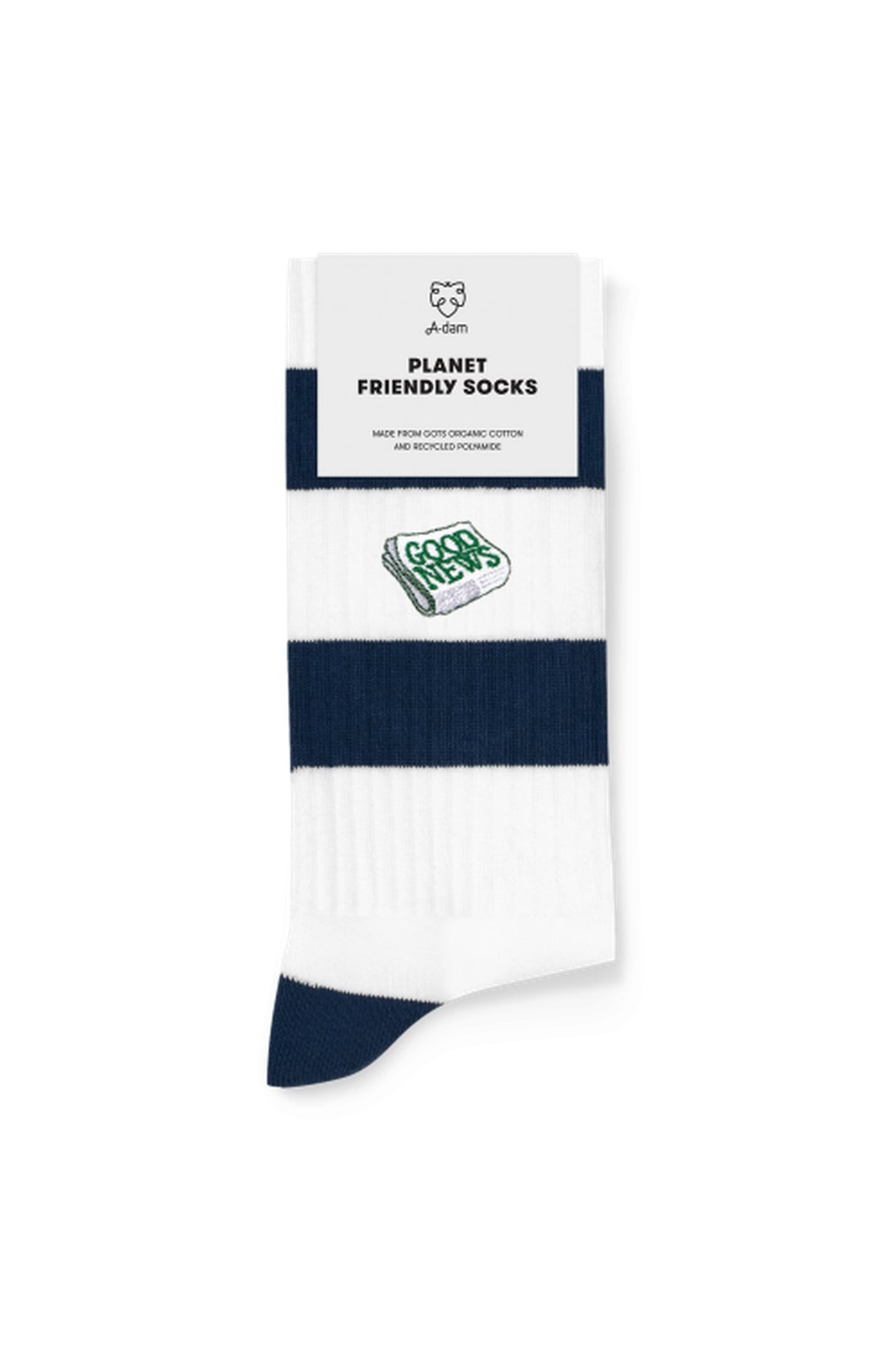 A-DAM 3-PACK CREW SOCKS NAVY STRIPES GOOD NEWS WHITE 3