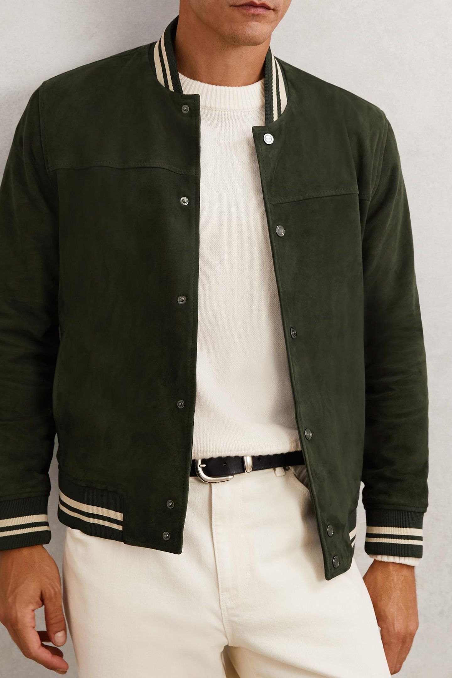 LS SUEDE STRIPE BOMBER JACKET FOREST GREEN 1