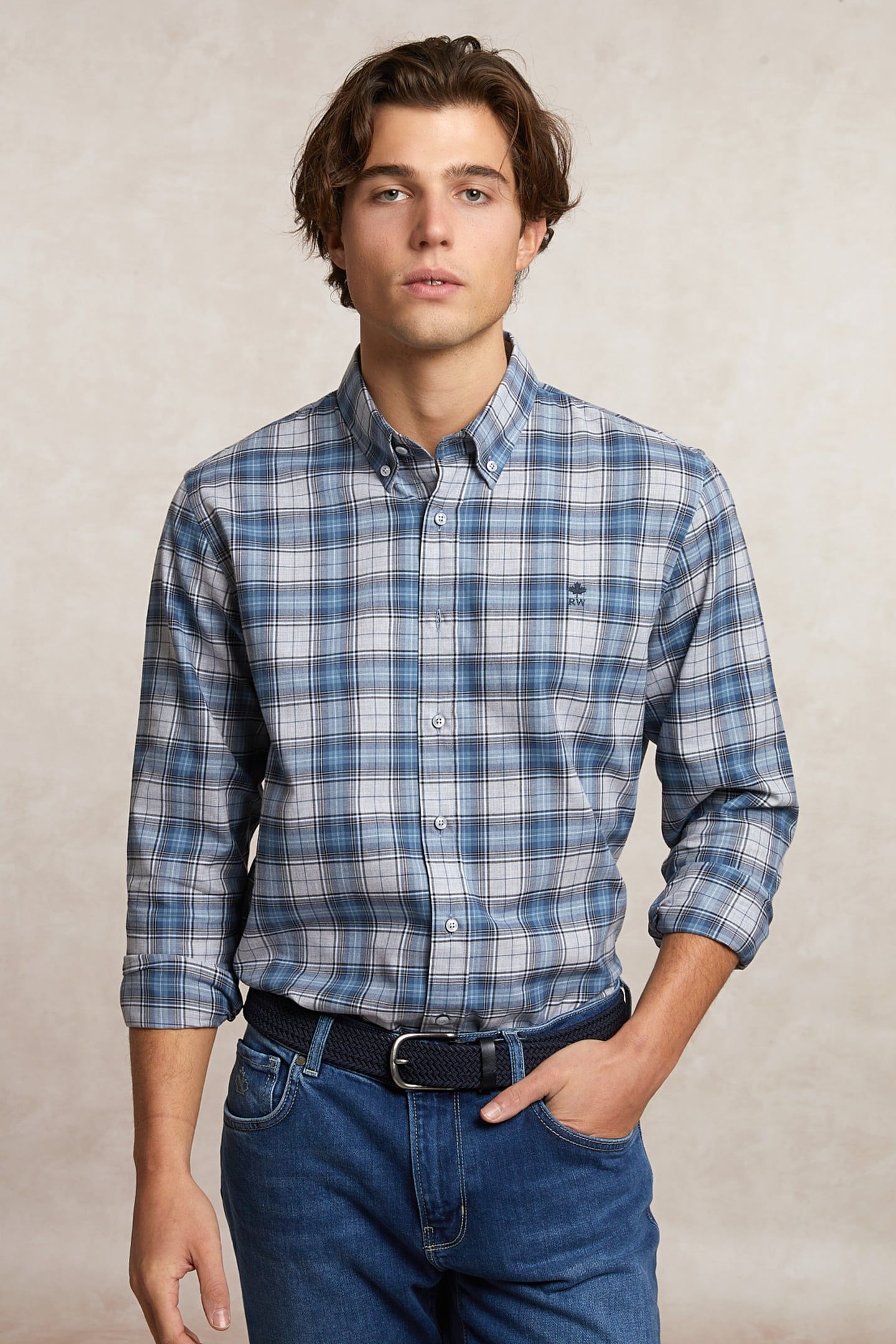 CUSTOM FIT CHECKED SHIRT GREY/BLUE 3