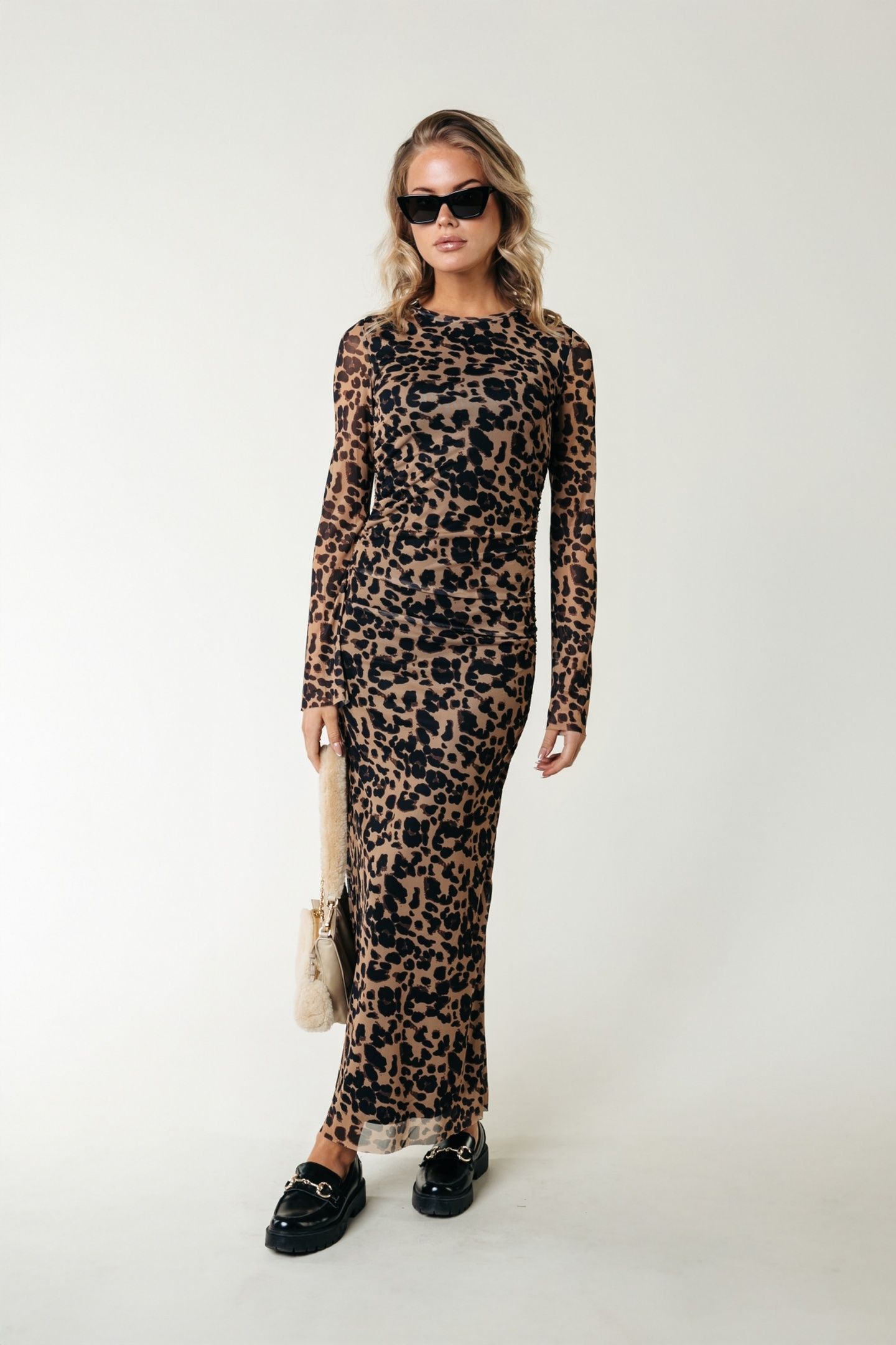 MAUDE LEOPARD MESH MAXI DRESS LS BEIGE 1