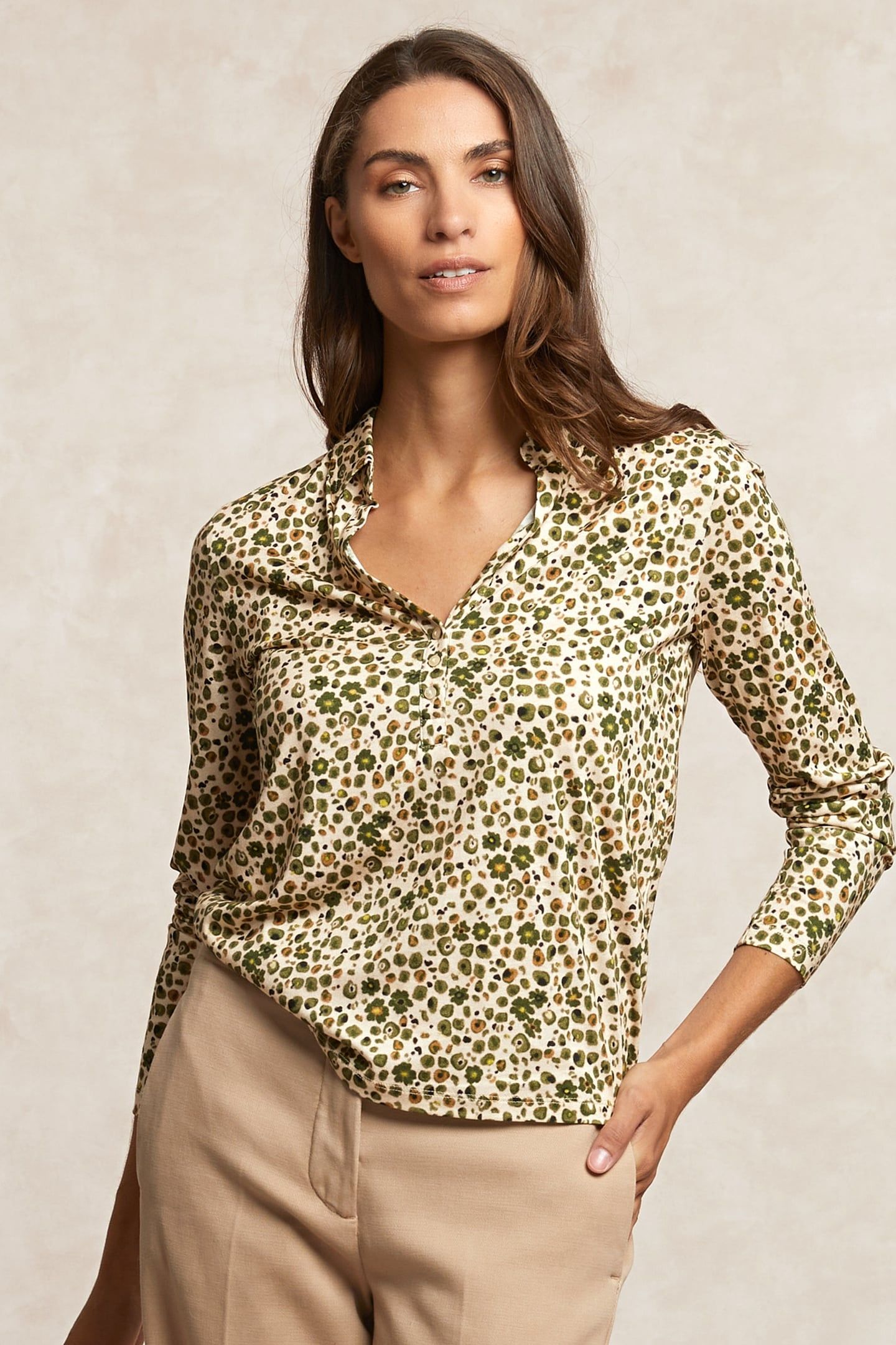 JERSEY FANTASY V-NECK BLOUSE KHAKI/BEIGE 3