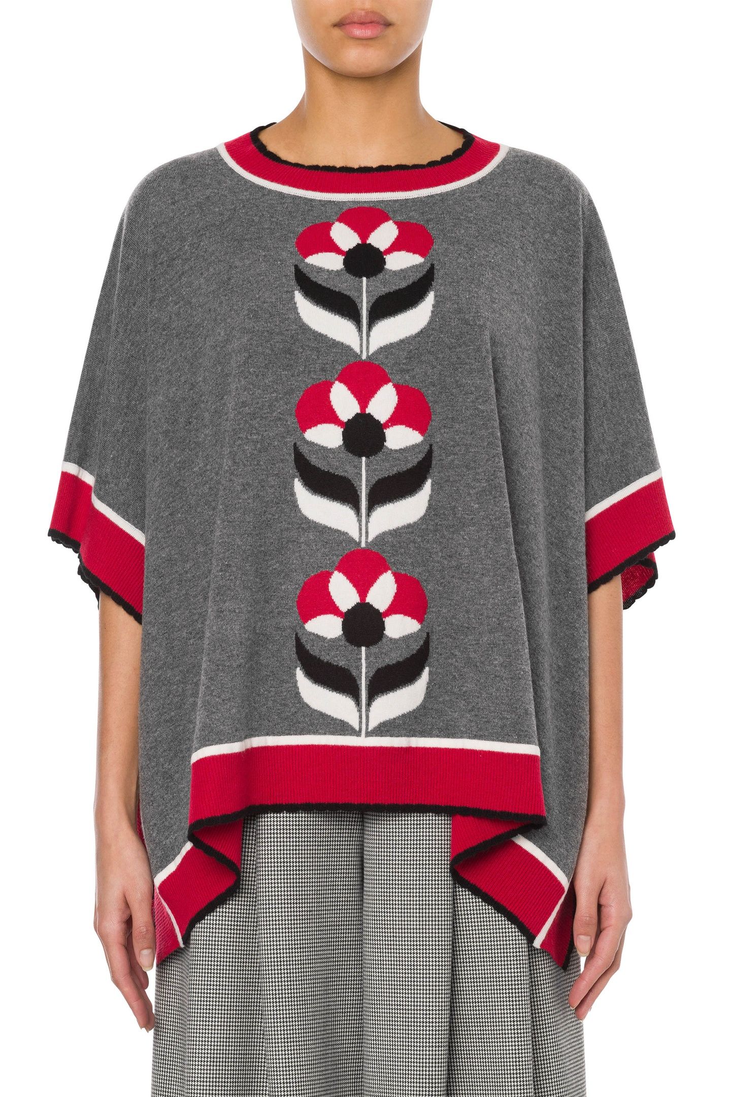 GEOMETRICAL FLOWERS KNIT PONCHO GREY 1
