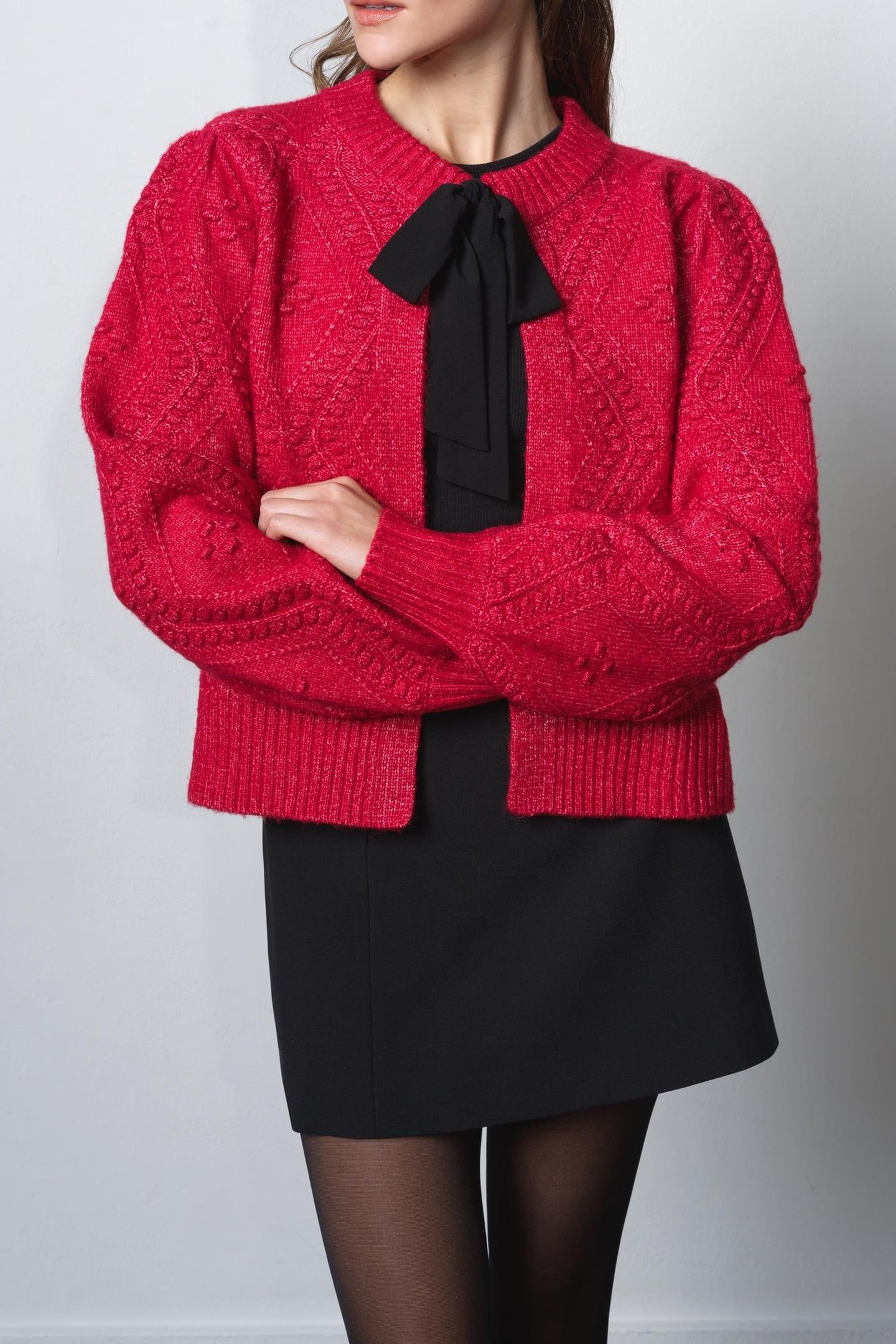 KITTY BOBBLE BOW CARDIGAN LIPSTICK RED/BLACK 2