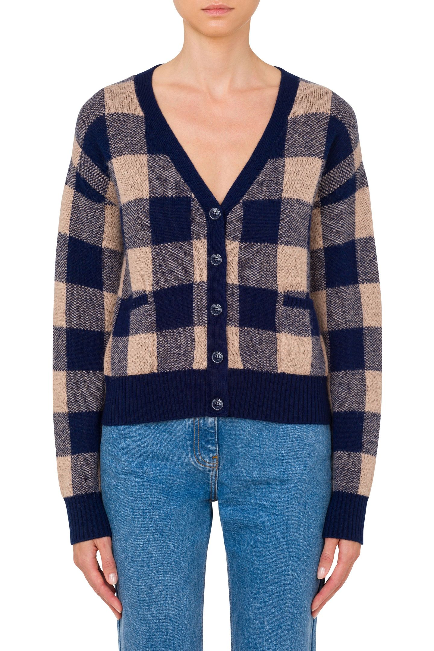 CASHMERE AND WOOL CARDIGAN CHECK JACQUARD BLUE 1