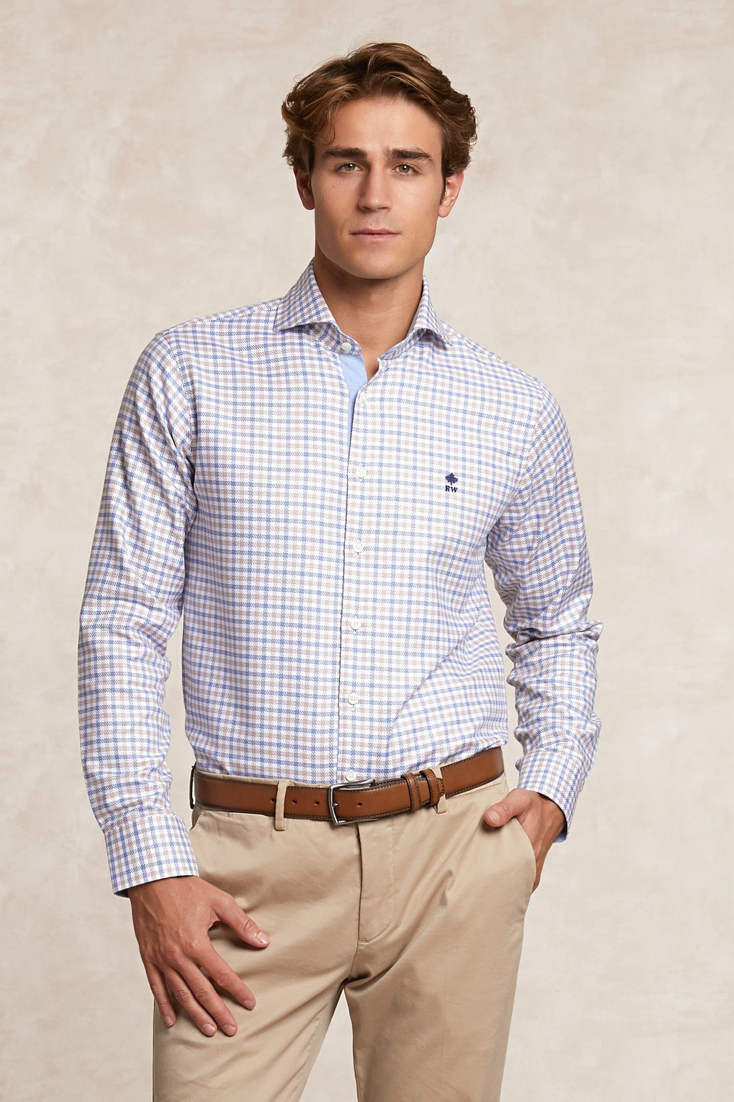 CUSTOM FIT COTTON CHECKED SHIRT BROWN/BLUE 3