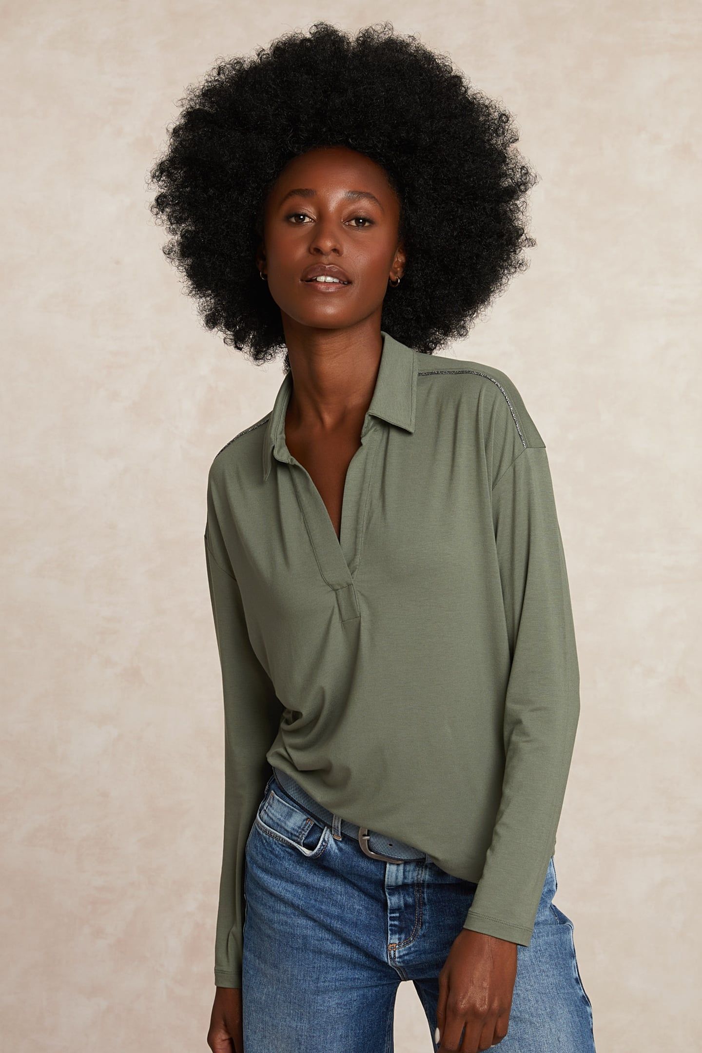 VISCOSE V-NECK BLOUSE GLITTER DETAIL KHAKI 3