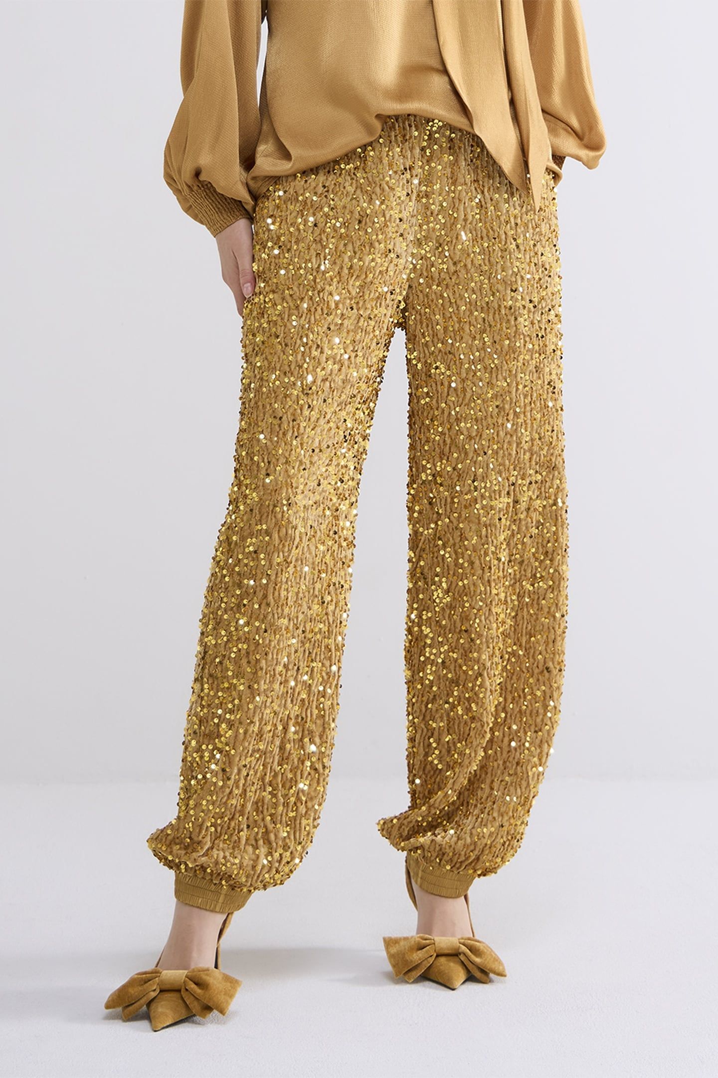 PANTS SEQUINS VELOURS CAMEL BROWN 1