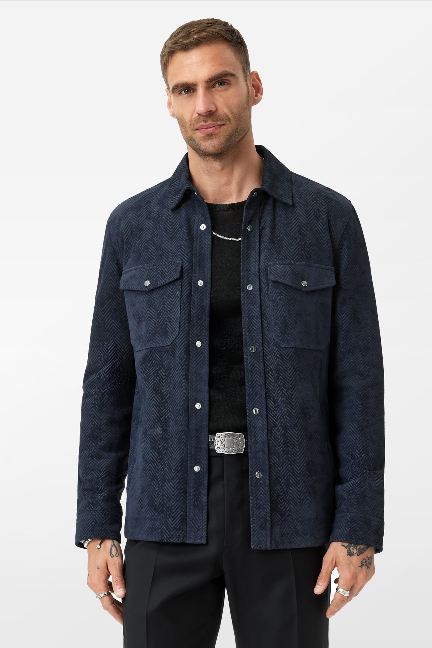 JONAH PRINTED HERRINGBONELEATHER SHIRT J NAVY 1