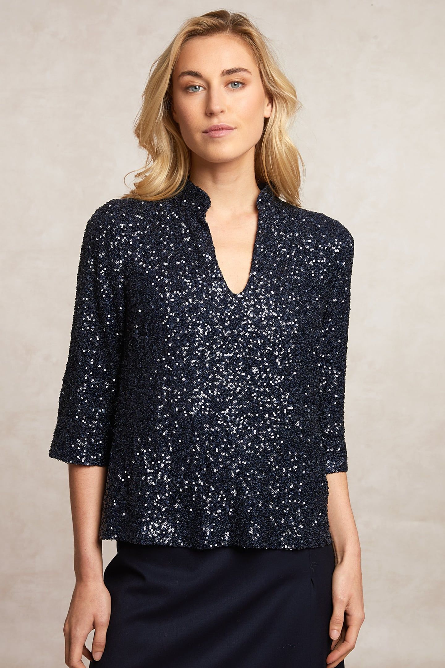 GLITTER V-NECK BLOUSE 3/4 SLEEVES NAVY 4