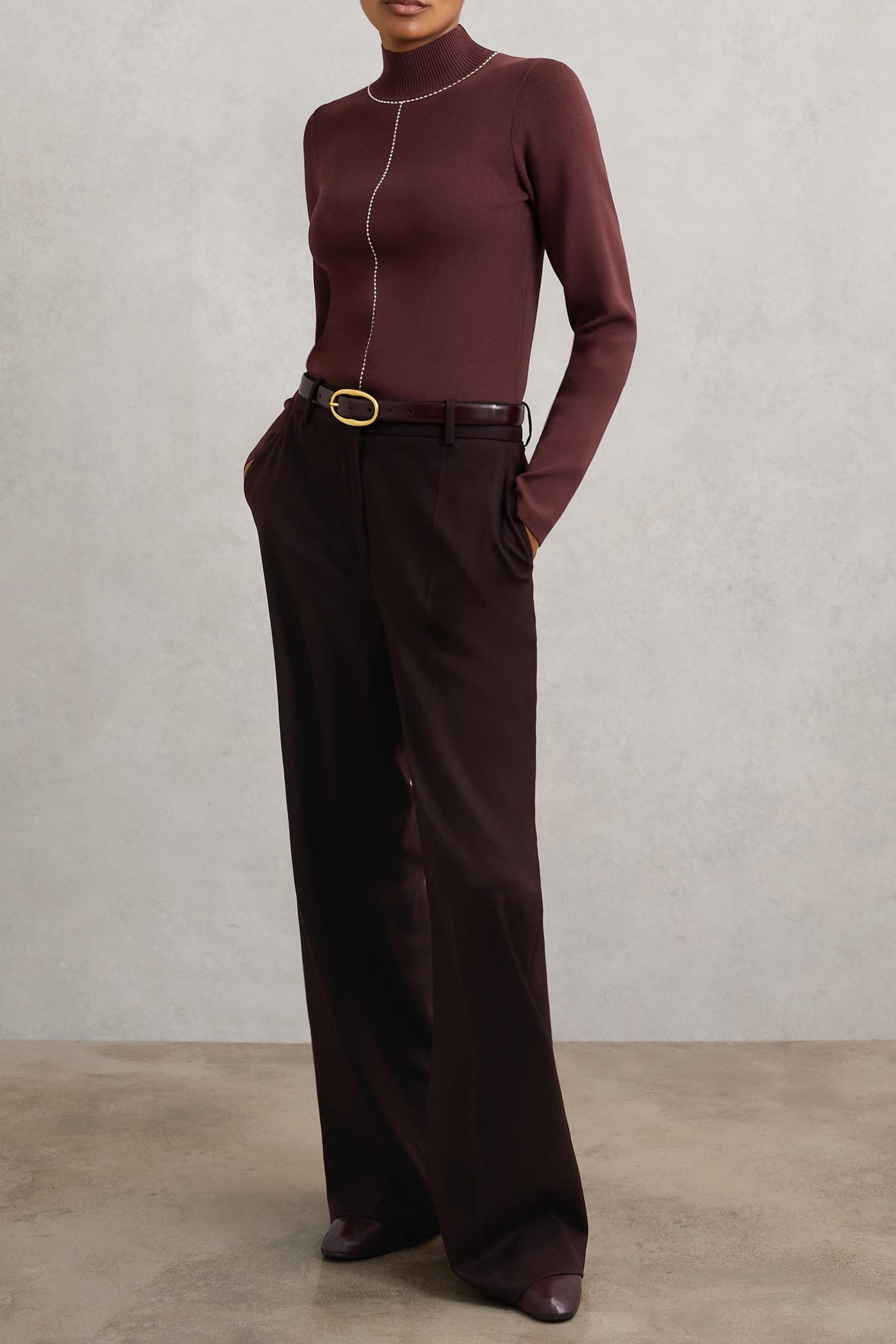 STITCH FRONT FUNNEL JUMPER BURGUNDY/CAMEL 3