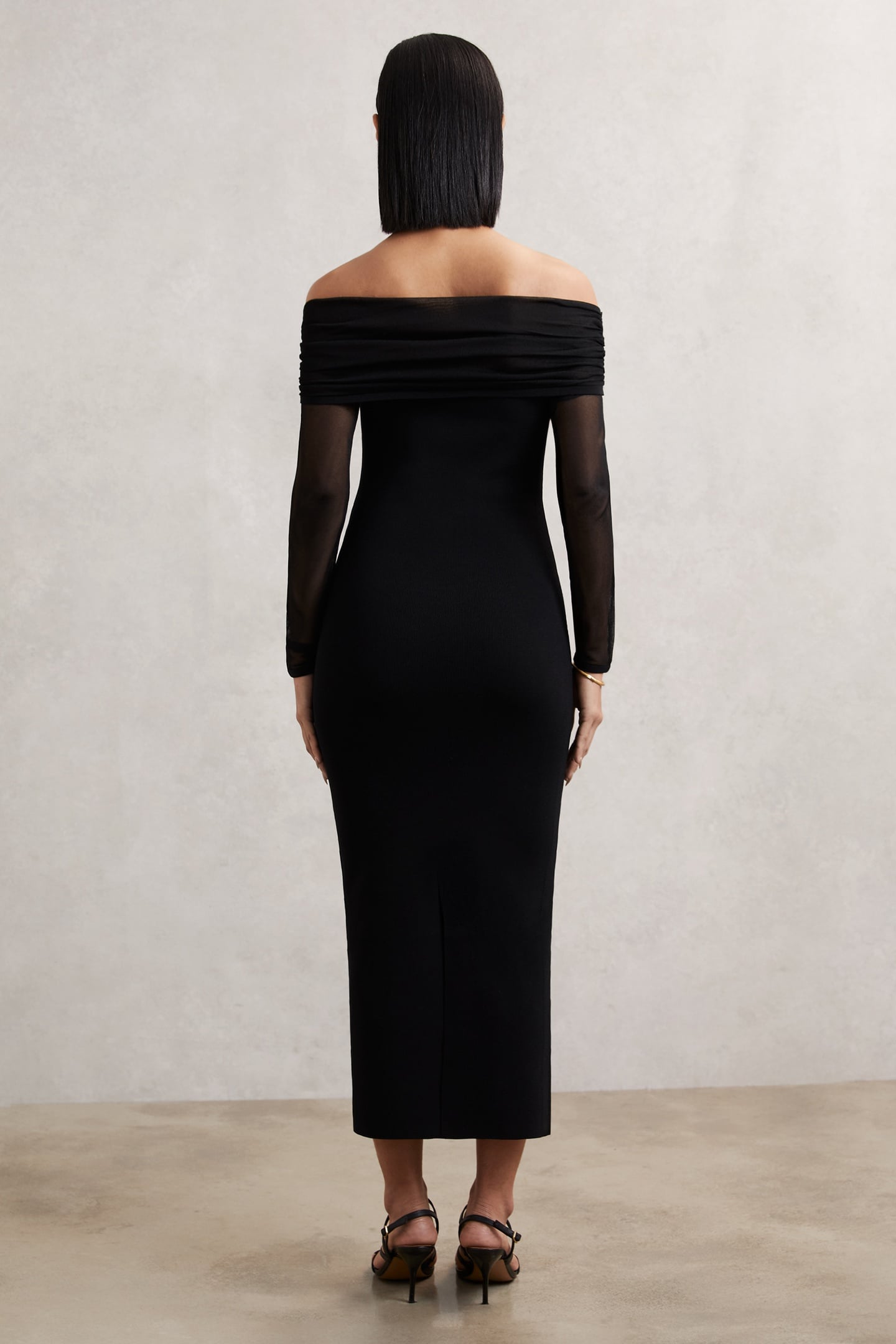 SHEER SLEEVED KNITTED MIDI DRESS BLACK 2