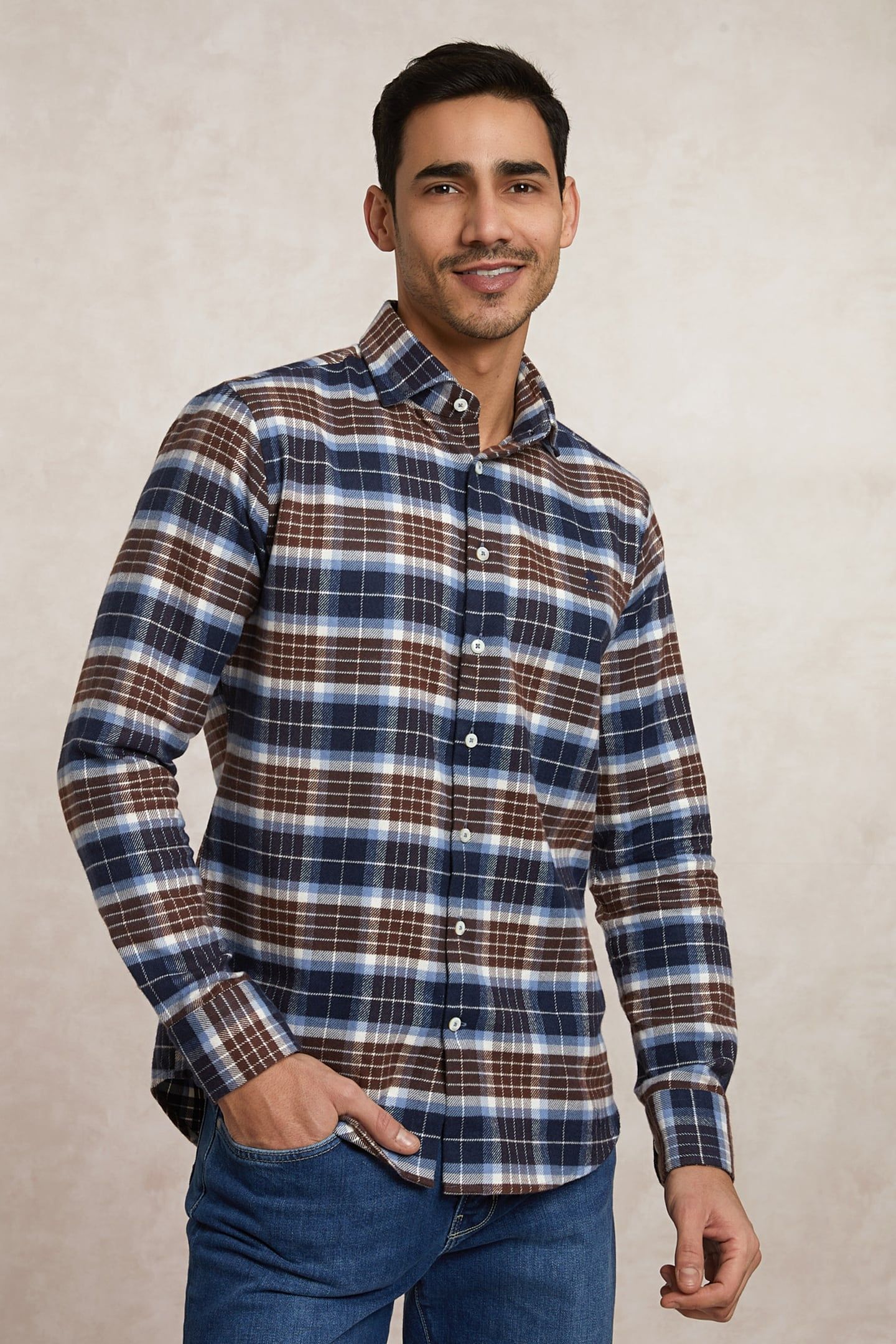 SLIM FIT CHECKED FLANNEL SHIRT BLUE/BROWN 3