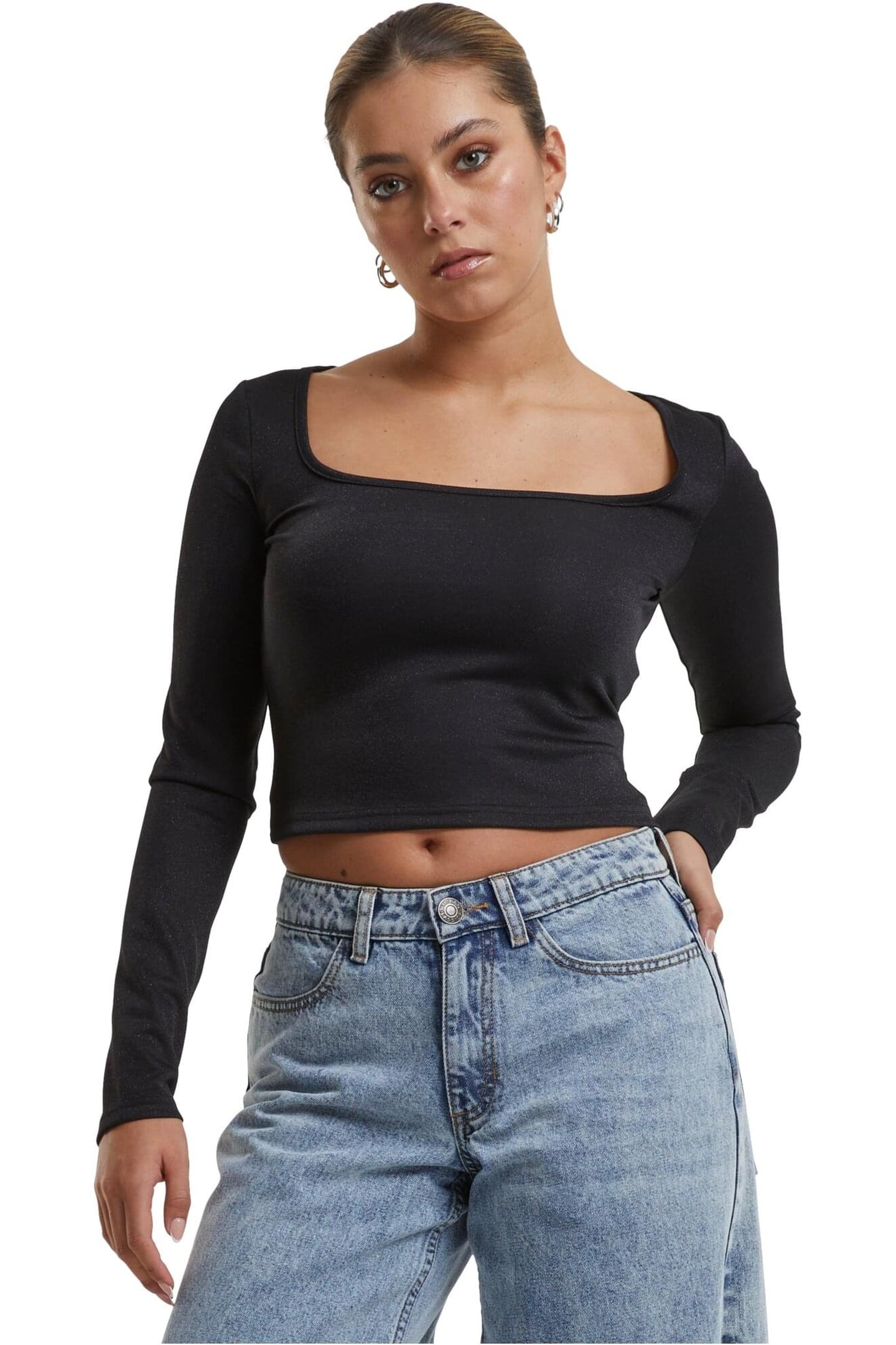 LADIES GLITTER SQUARE NECK LONGSLEEVE BLACK 1