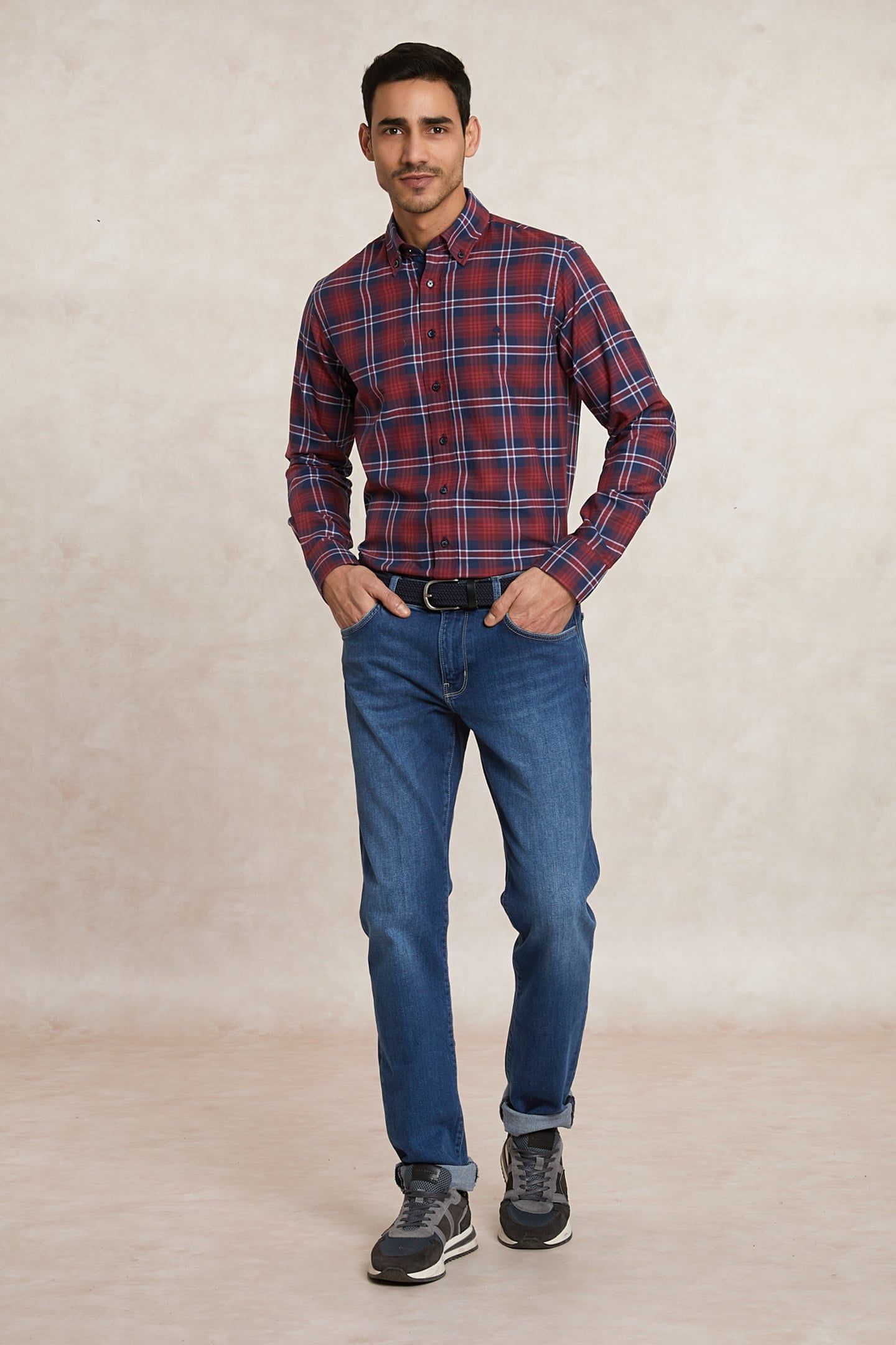 CUSTOM FIT COTTON CHECKED SHIRT BLUE/RED 1