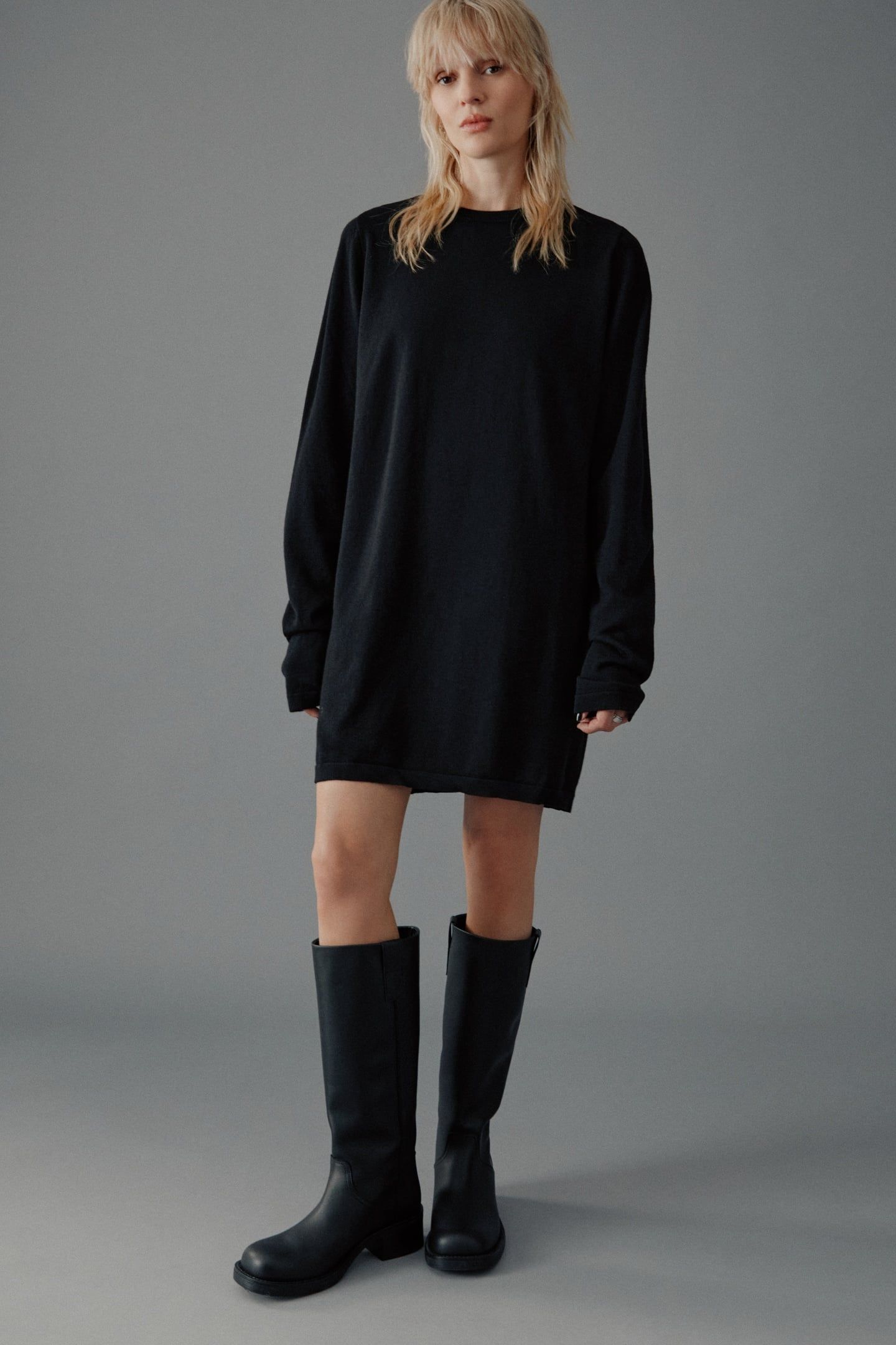 THE BLACK KNIT SHORT LONGSLEEVE DRESS BLACK 1