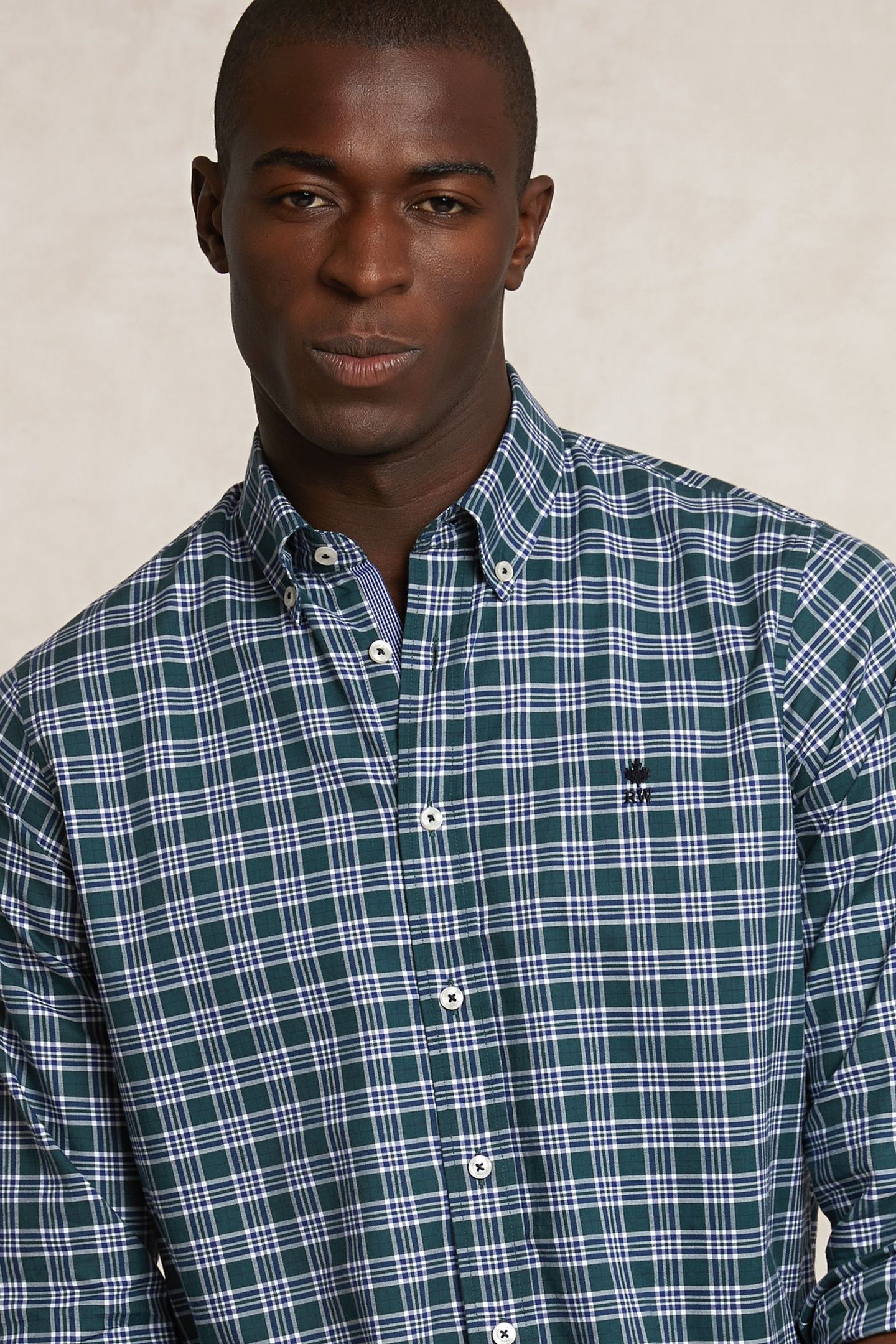 CUSTOM FIT COTTON CHECKED SHIRT KHAKI/WHITE 4