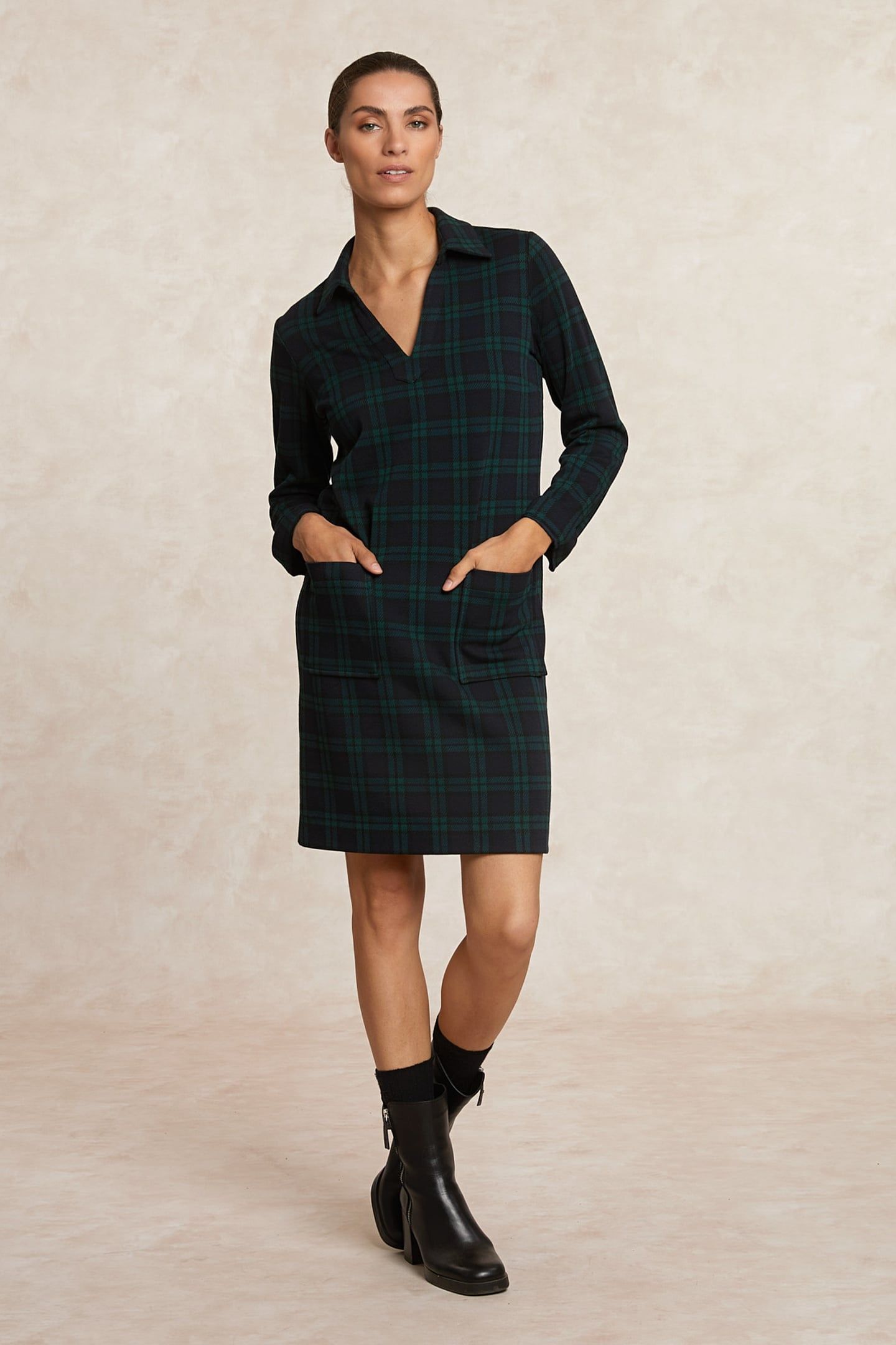SHORT CHECKED V-NECK DRESS LONG SLEEVES KHAKI MULTI 1
