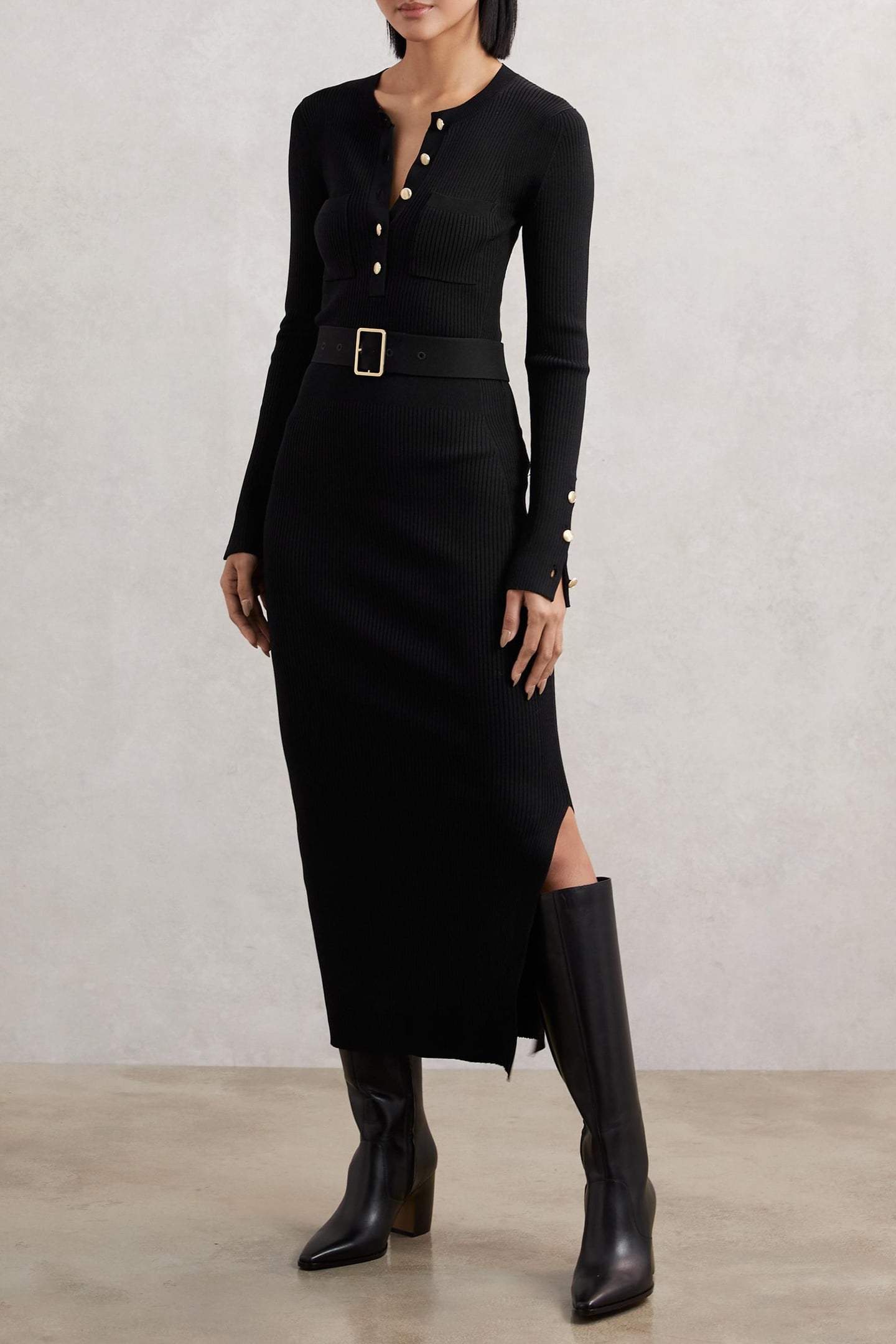 BUTTON KNITTED MIDI DRESS BLACK 2